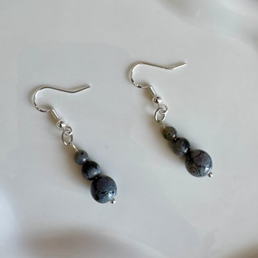 Stainless Steel Snowflake Obsidian Tiered Drop Earrings