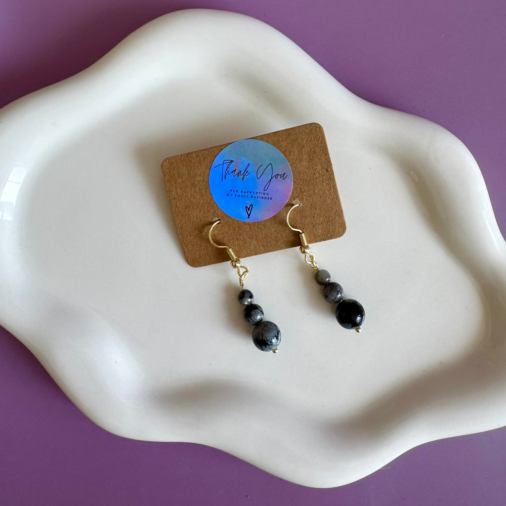 18k Gold Filled Snowflake Obsidian Drop Earrings