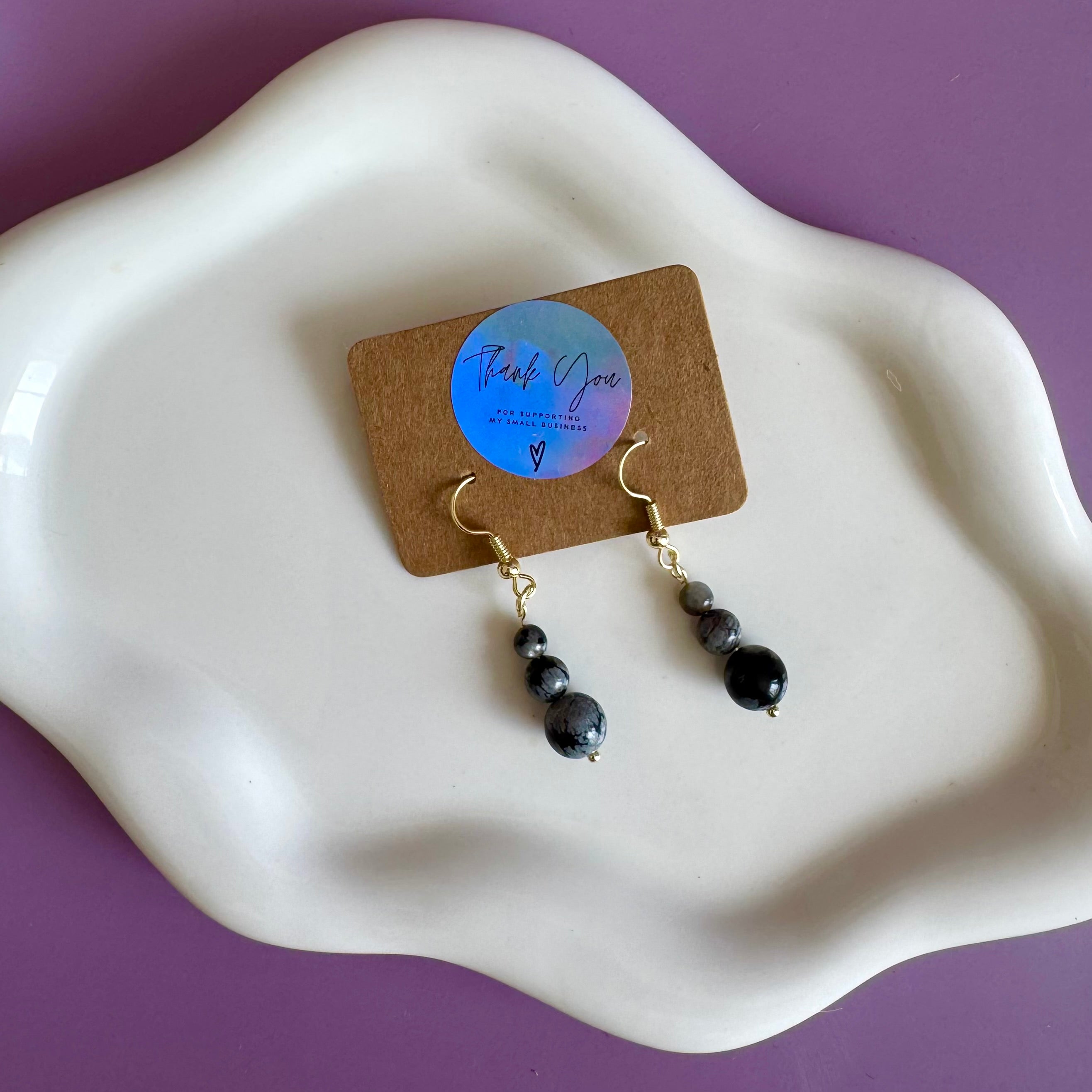18k Gold Filled Snowflake Obsidian Drop Earrings