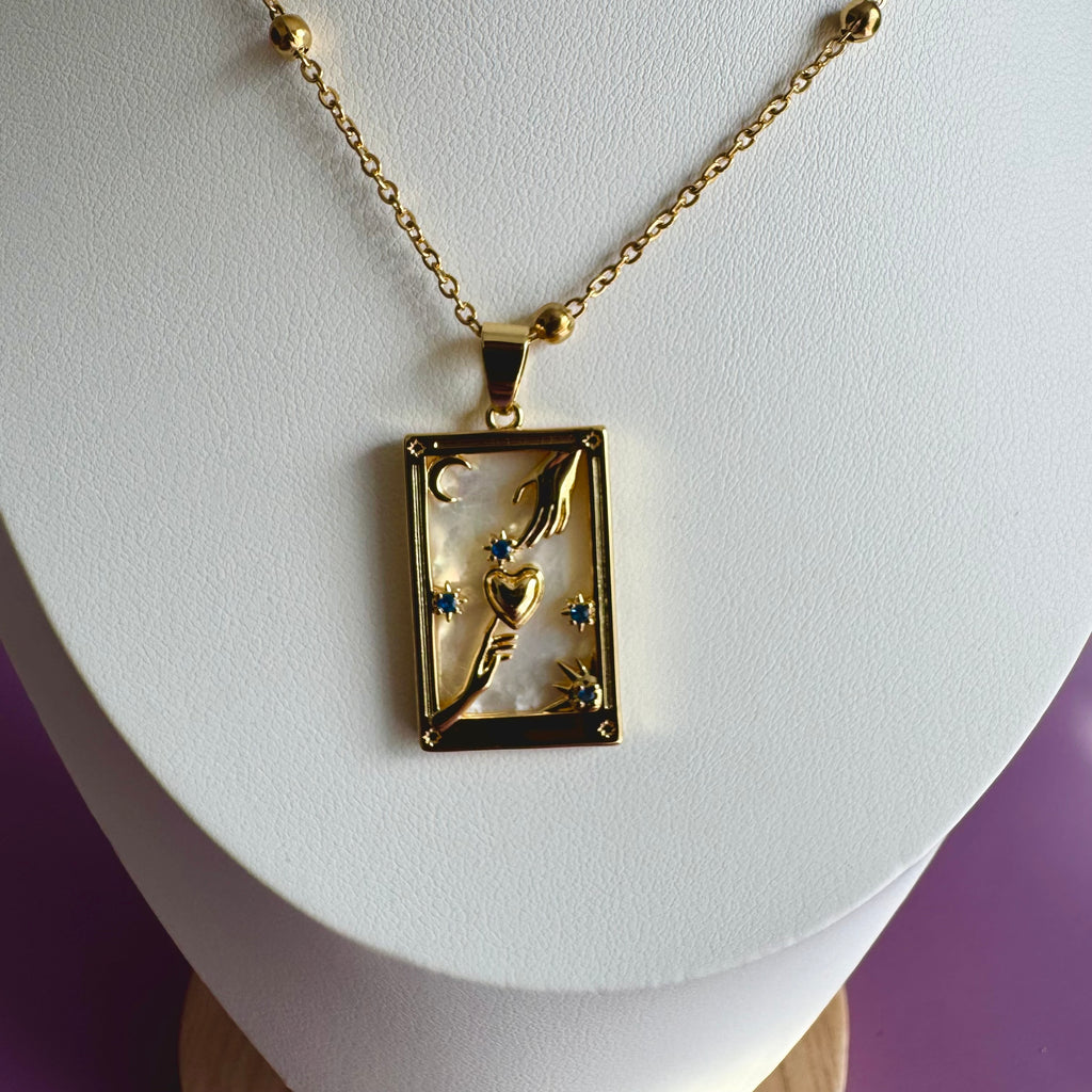 18k Gold Filled Mother of Pearl Tarot Card Necklace | Celestial Heart Hands Pendant | Satellite Chain Necklace