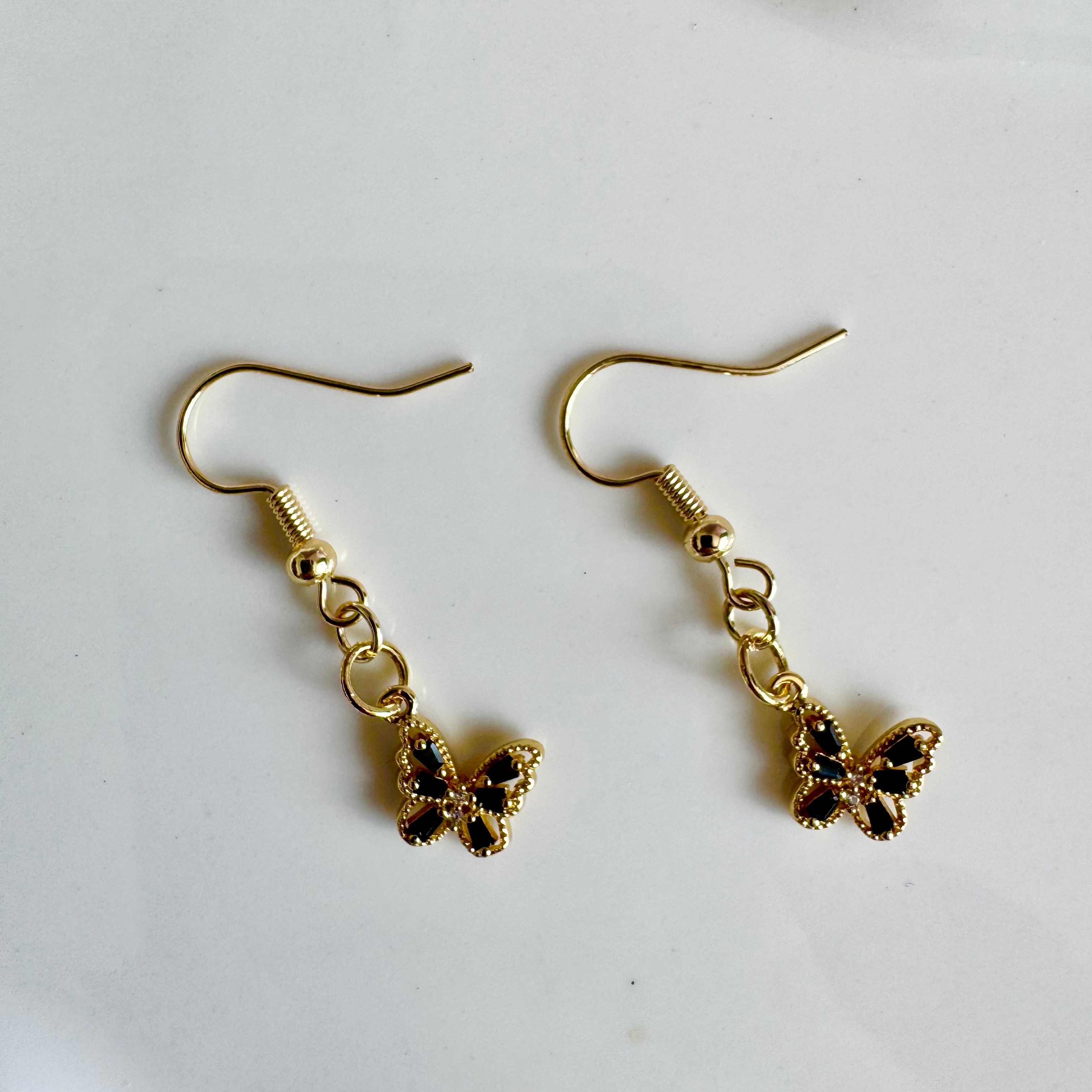 18K Gold Filled Black Butterfly Drop Earrings
