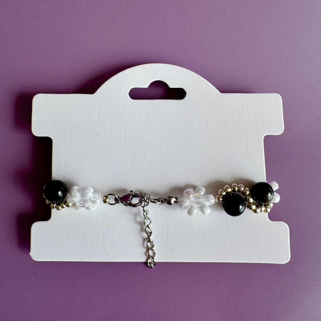 White Flower and Obsidian Bracelet | Sterling Silver