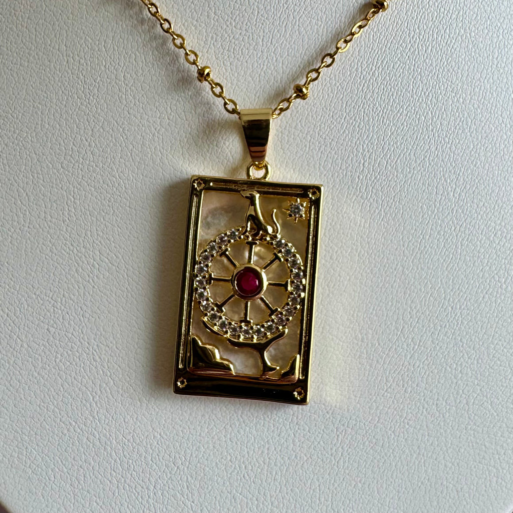 18k Gold Filled Mother of Pearl Tarot Card Necklace | Celestial Wheel Pendant | Satellite Chain Necklace