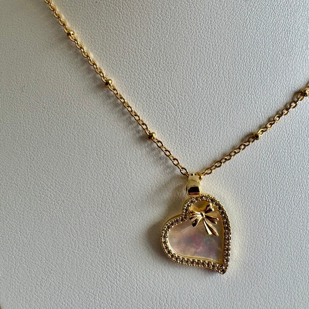 18k Gold Filled Mother of Pearl Heart Necklace | Heart Charm Pendant | Satellite Chain Necklace