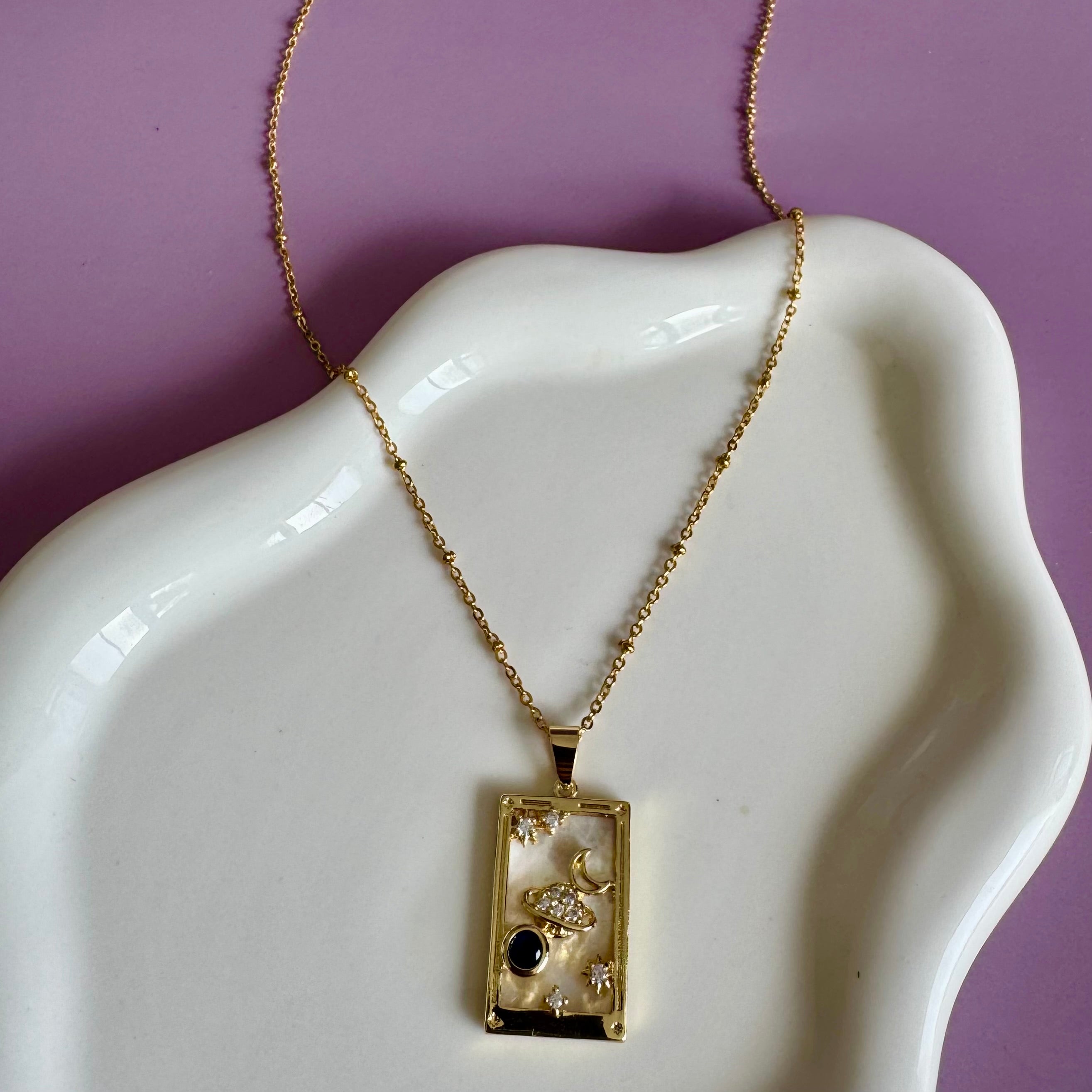 18k Gold Filled Mother of Pearl Tarot Card Necklace | Celestial Planet & Moon Pendant | Satellite Chain Necklace