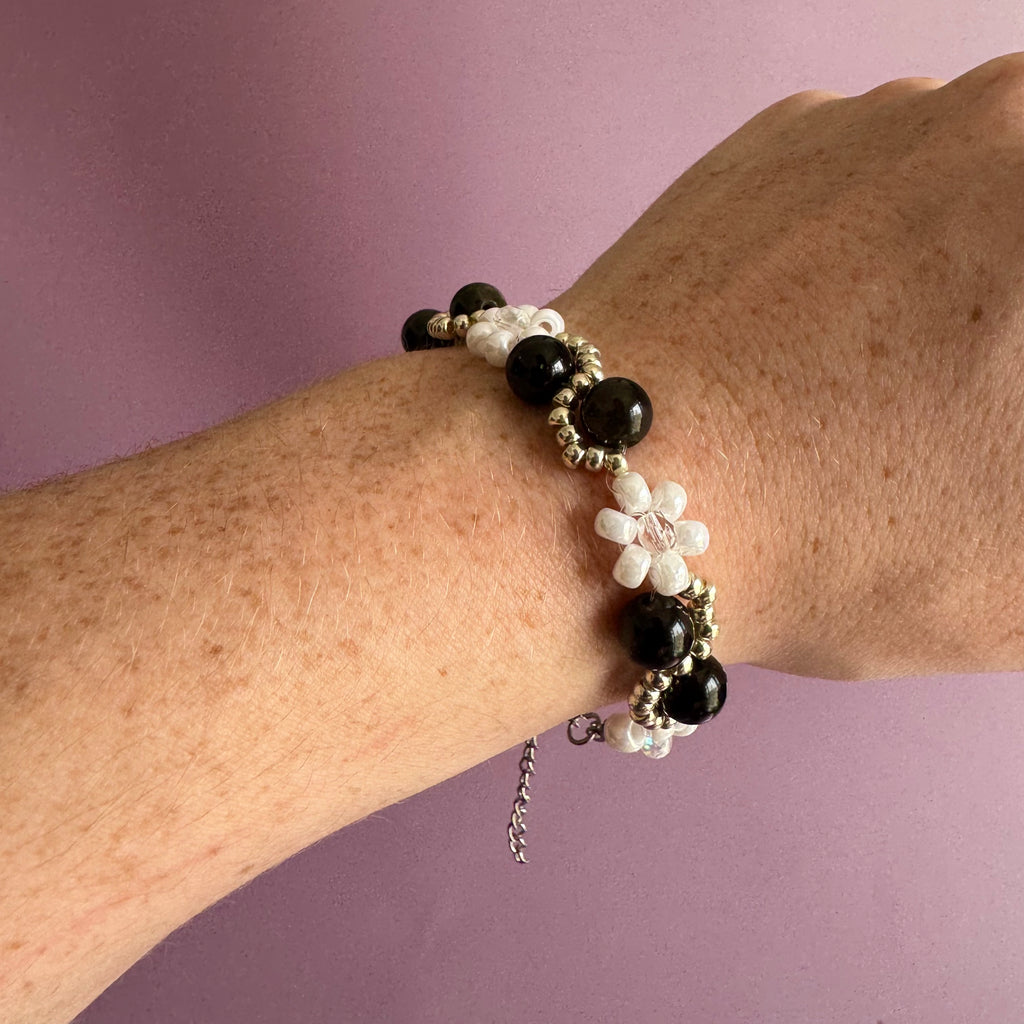 White Flower and Obsidian Bracelet | Sterling Silver