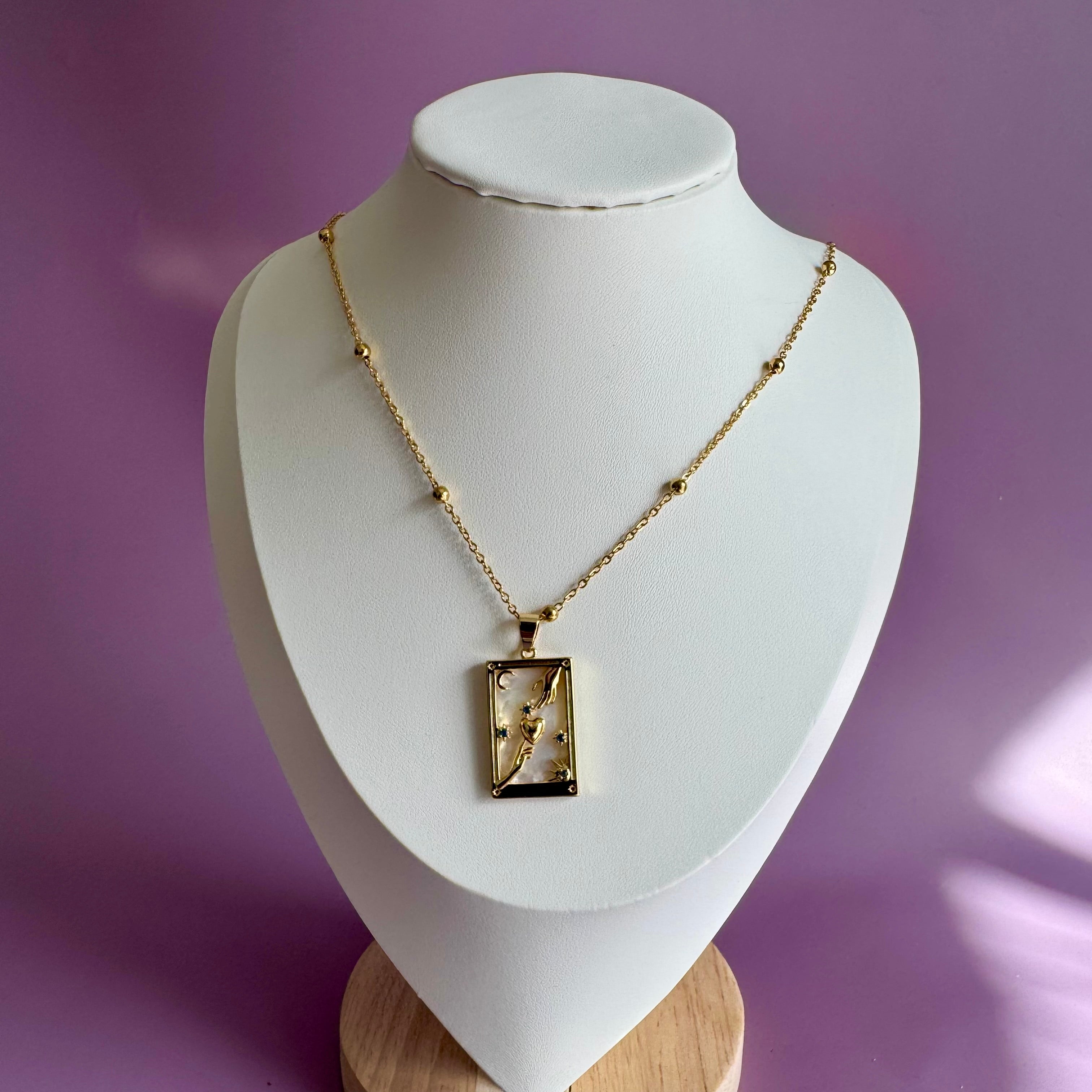 18k Gold Filled Mother of Pearl Tarot Card Necklace | Celestial Heart Hands Pendant | Satellite Chain Necklace