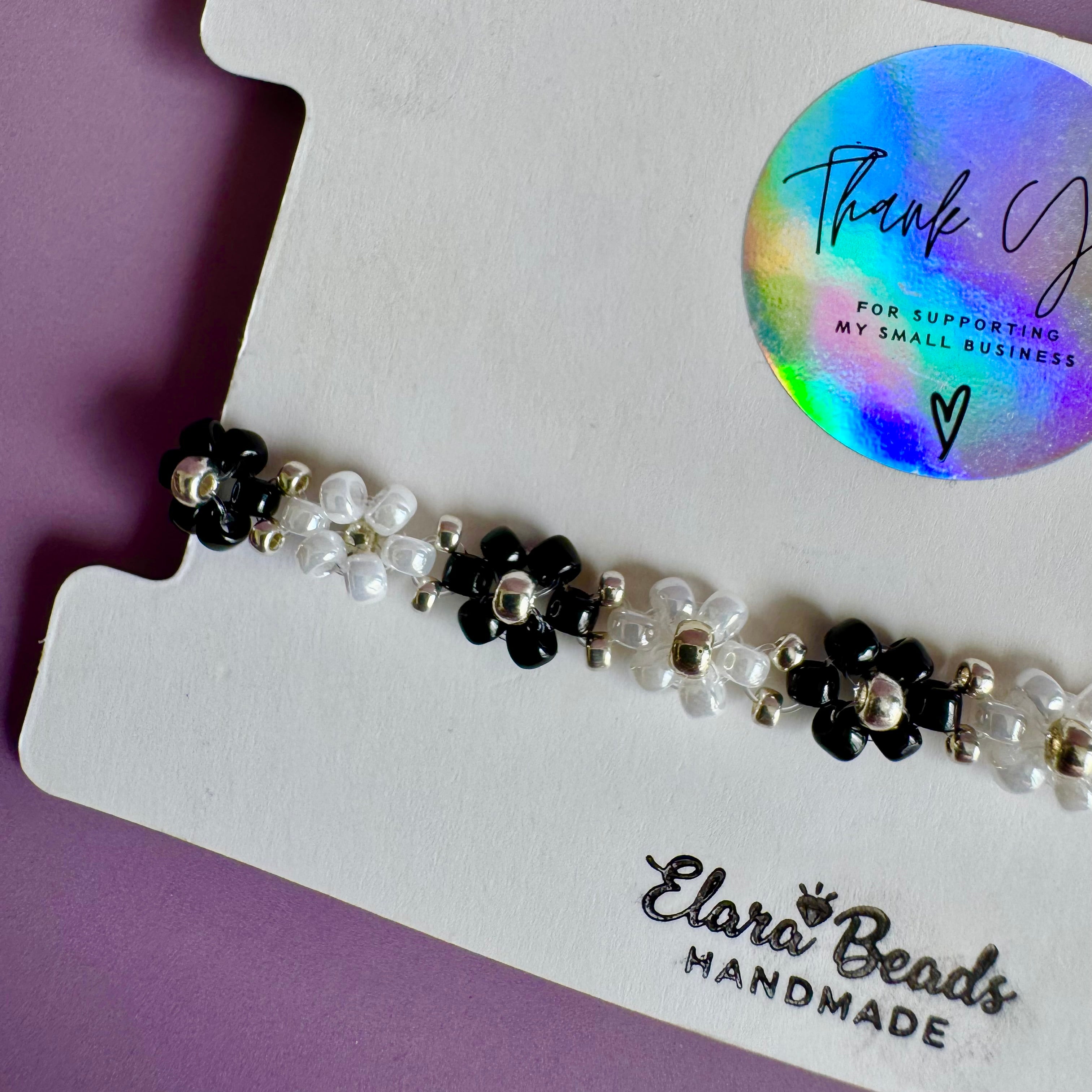 Black and White Miyuki Flower Bracelet | Sterling Silver