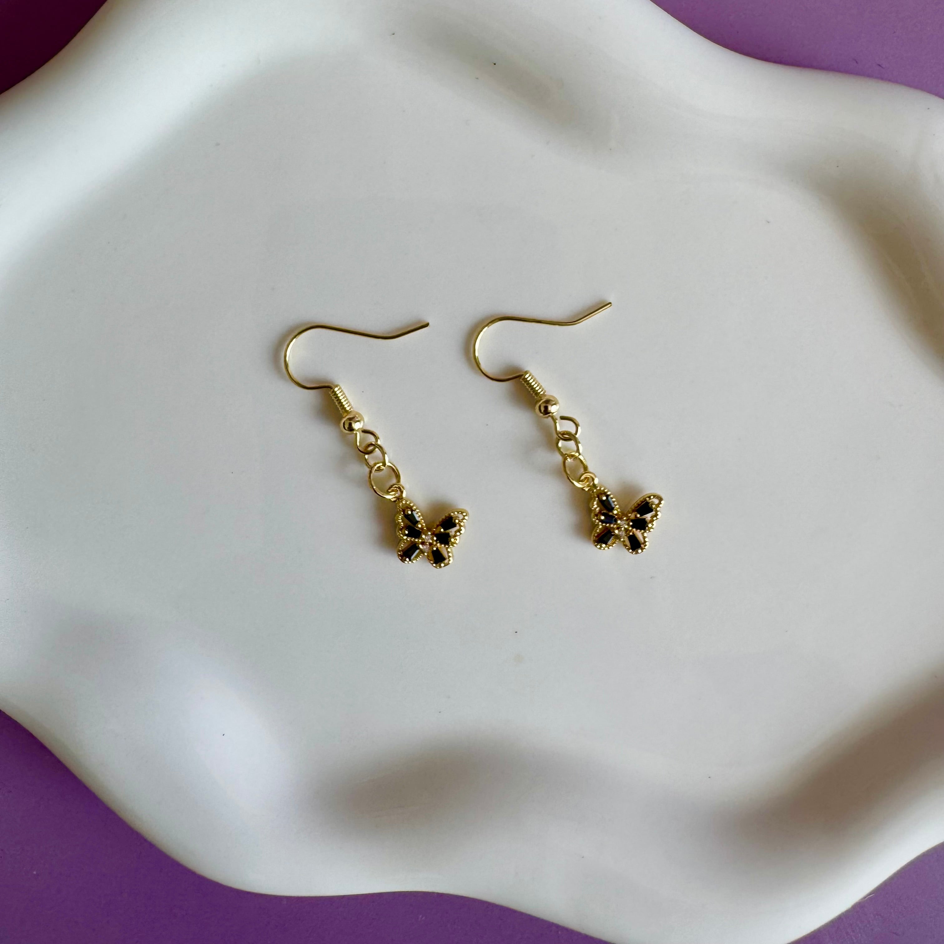 18K Gold Filled Black Butterfly Drop Earrings