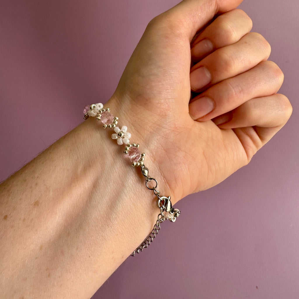 White Flower Miyuki Bracelet with Rose Rondelles | Sterling Silver