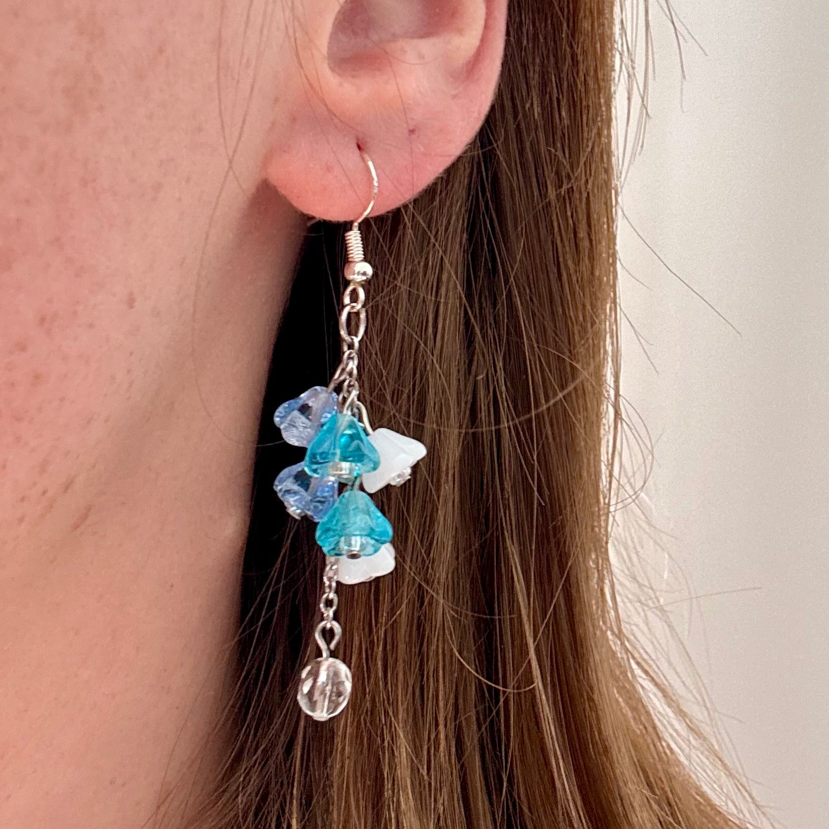 Blue and White Flower Bouquet Drop Earrings in Stainless Steel