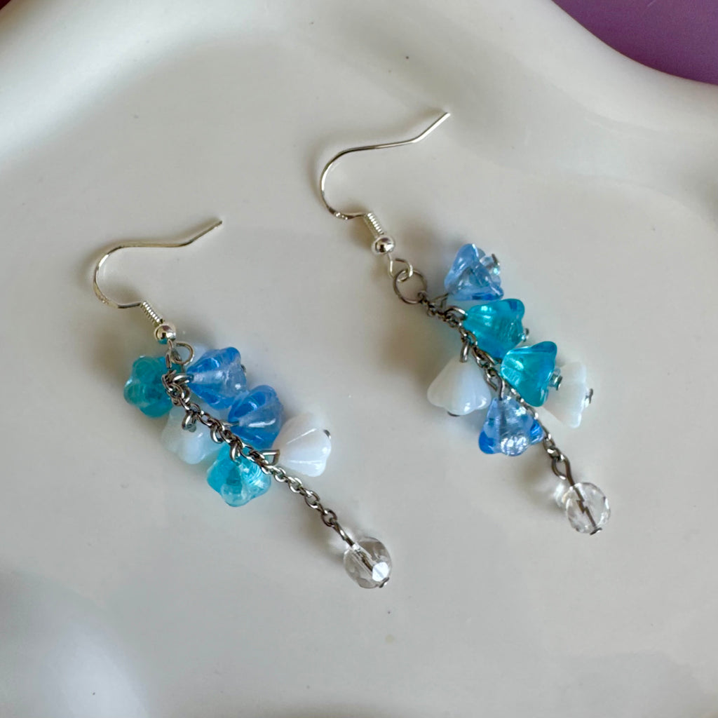 Blue and White Flower Bouquet Drop Earrings in Stainless Steel