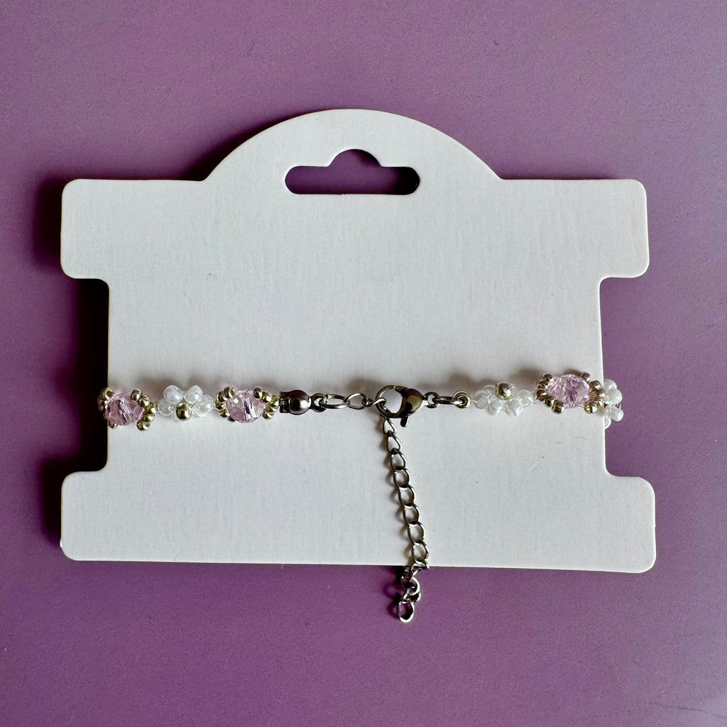 White Flower Miyuki Bracelet with Rose Rondelles | Sterling Silver