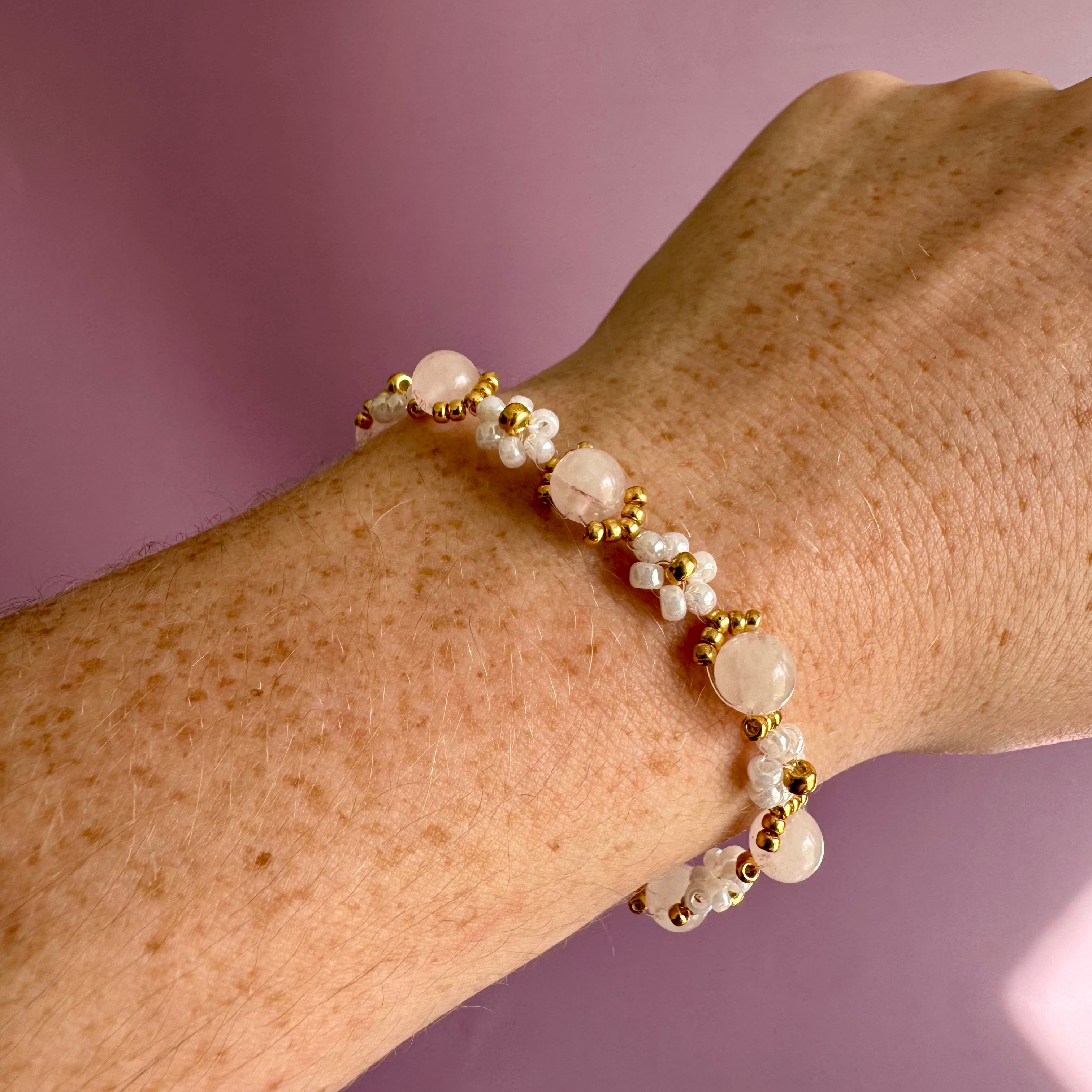 18k Gold Filled White Flower and Genuine Pink Moonstone Bracelet
