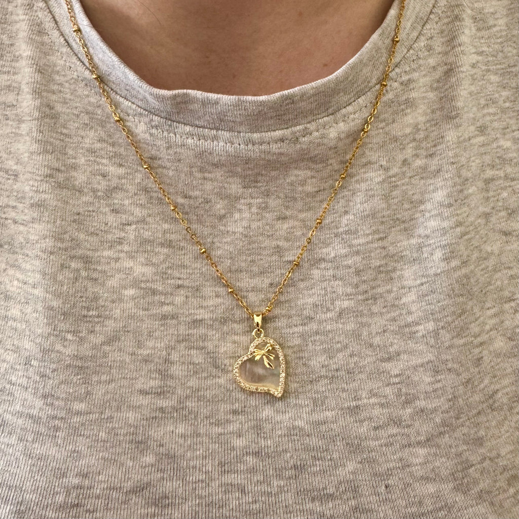 18k Gold Filled Mother of Pearl Heart Necklace | Heart Charm Pendant | Satellite Chain Necklace