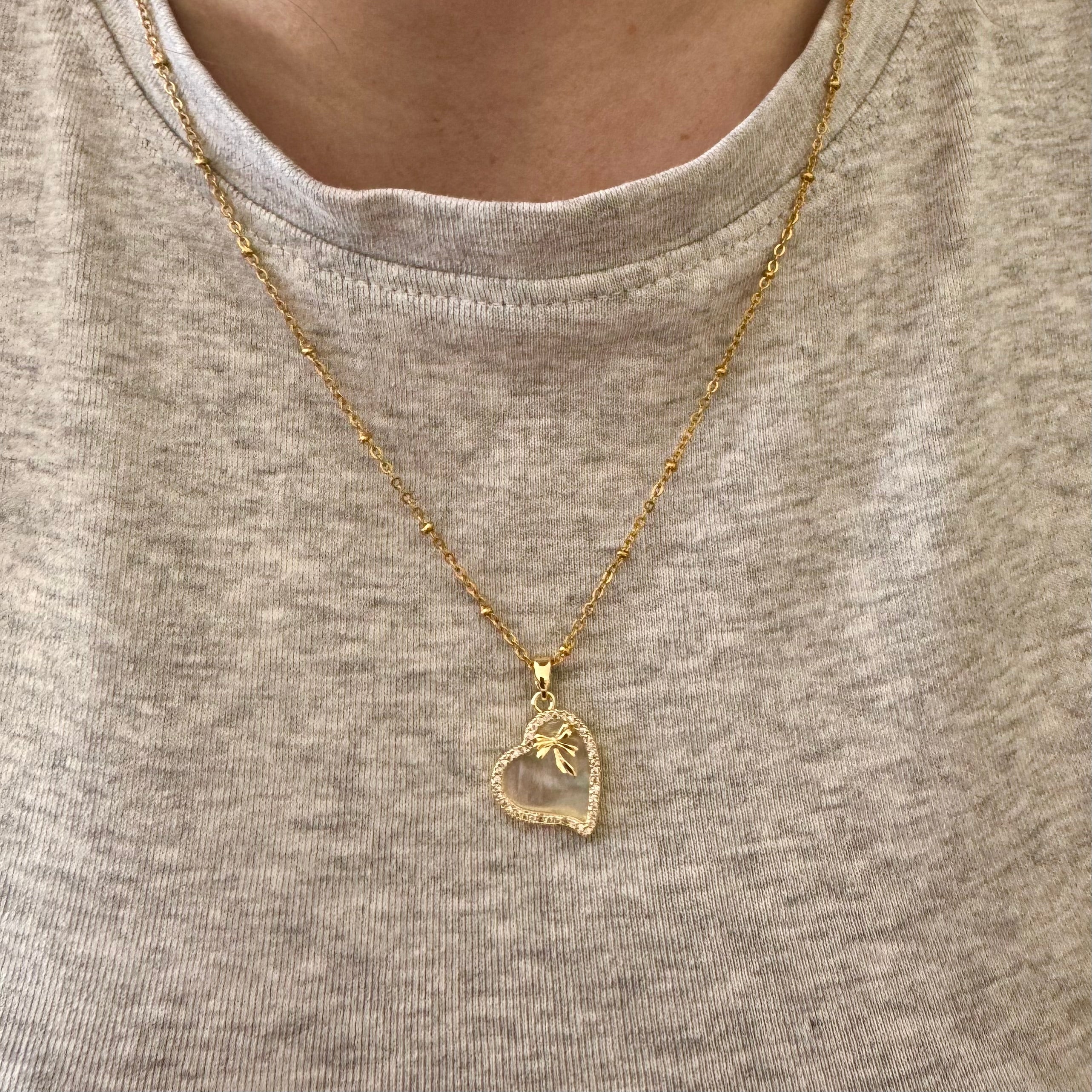 18k Gold Filled Mother of Pearl Heart Necklace | Heart Charm Pendant | Satellite Chain Necklace