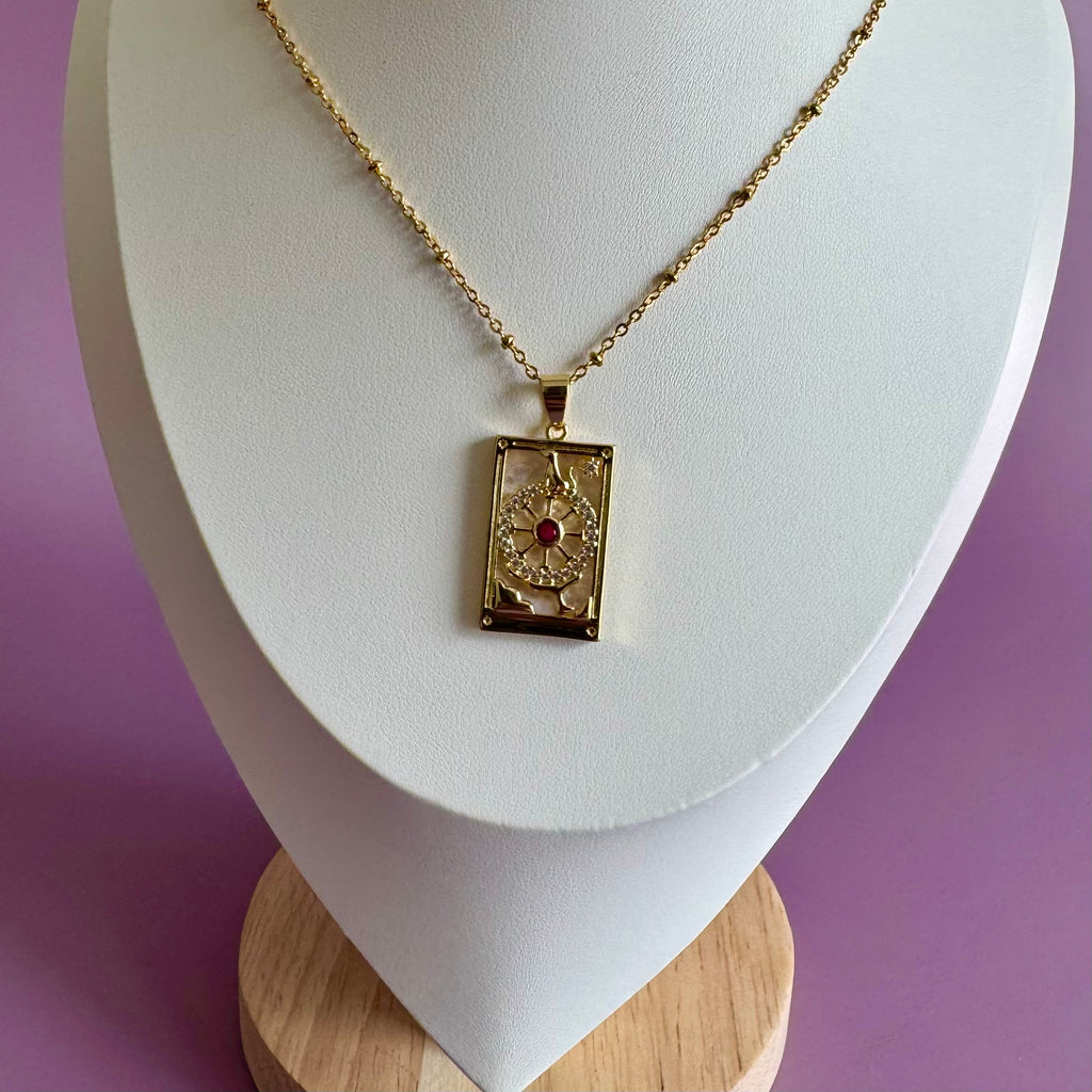 18k Gold Filled Mother of Pearl Tarot Card Necklace | Celestial Wheel Pendant | Satellite Chain Necklace