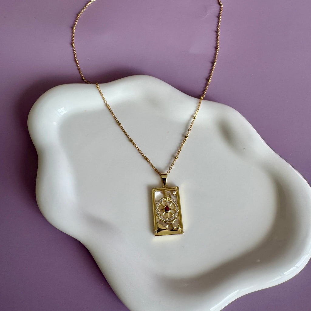 18k Gold Filled Mother of Pearl Tarot Card Necklace | Celestial Wheel Pendant | Satellite Chain Necklace
