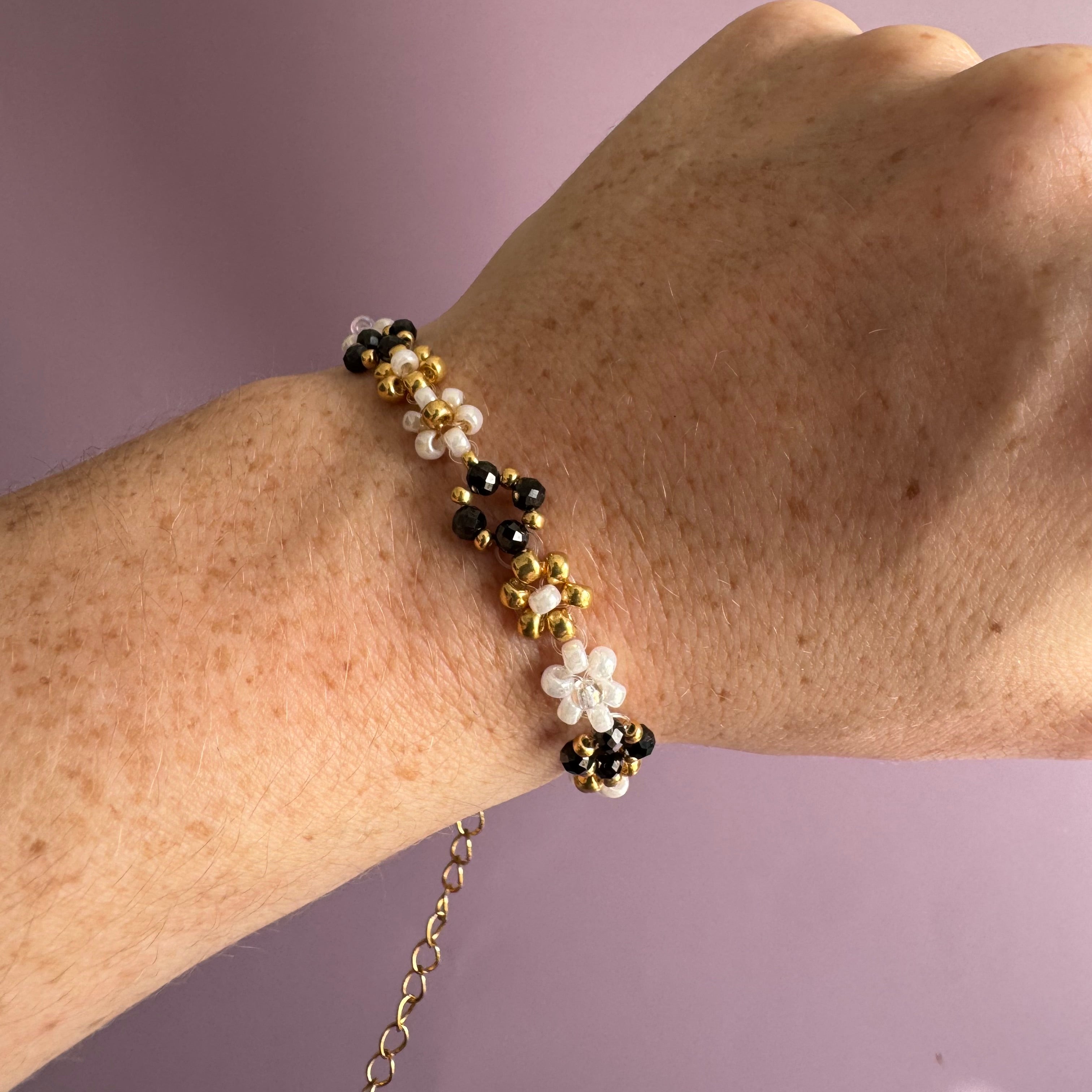 18k Gold Filled White Flower and Hematite Bracelet