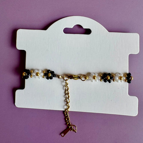 18k Gold Filled Black and White Flower Bracelet