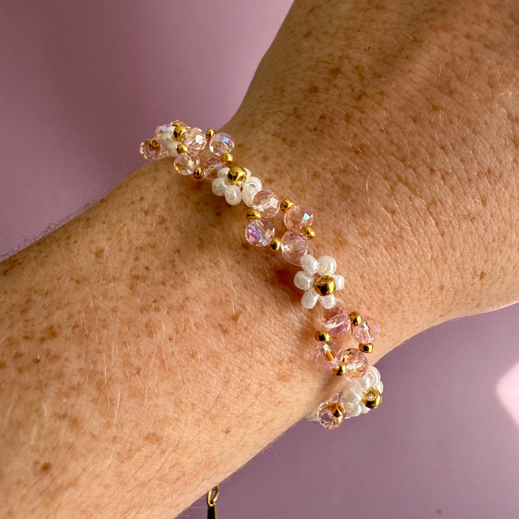 18k Gold Filled White Flower Bracelet with Rose Rondelles
