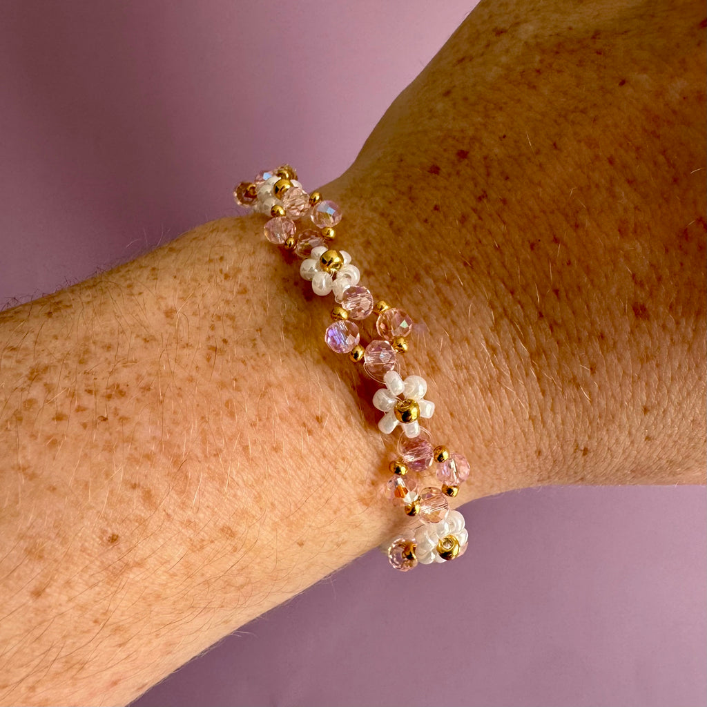 18k Gold Filled White Flower Bracelet with Rose Rondelles