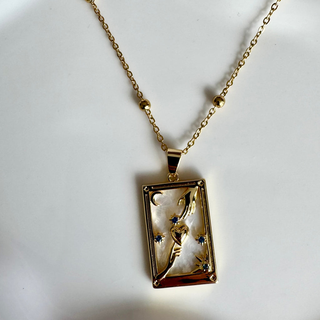 18k Gold Filled Mother of Pearl Tarot Card Necklace | Celestial Heart Hands Pendant | Satellite Chain Necklace
