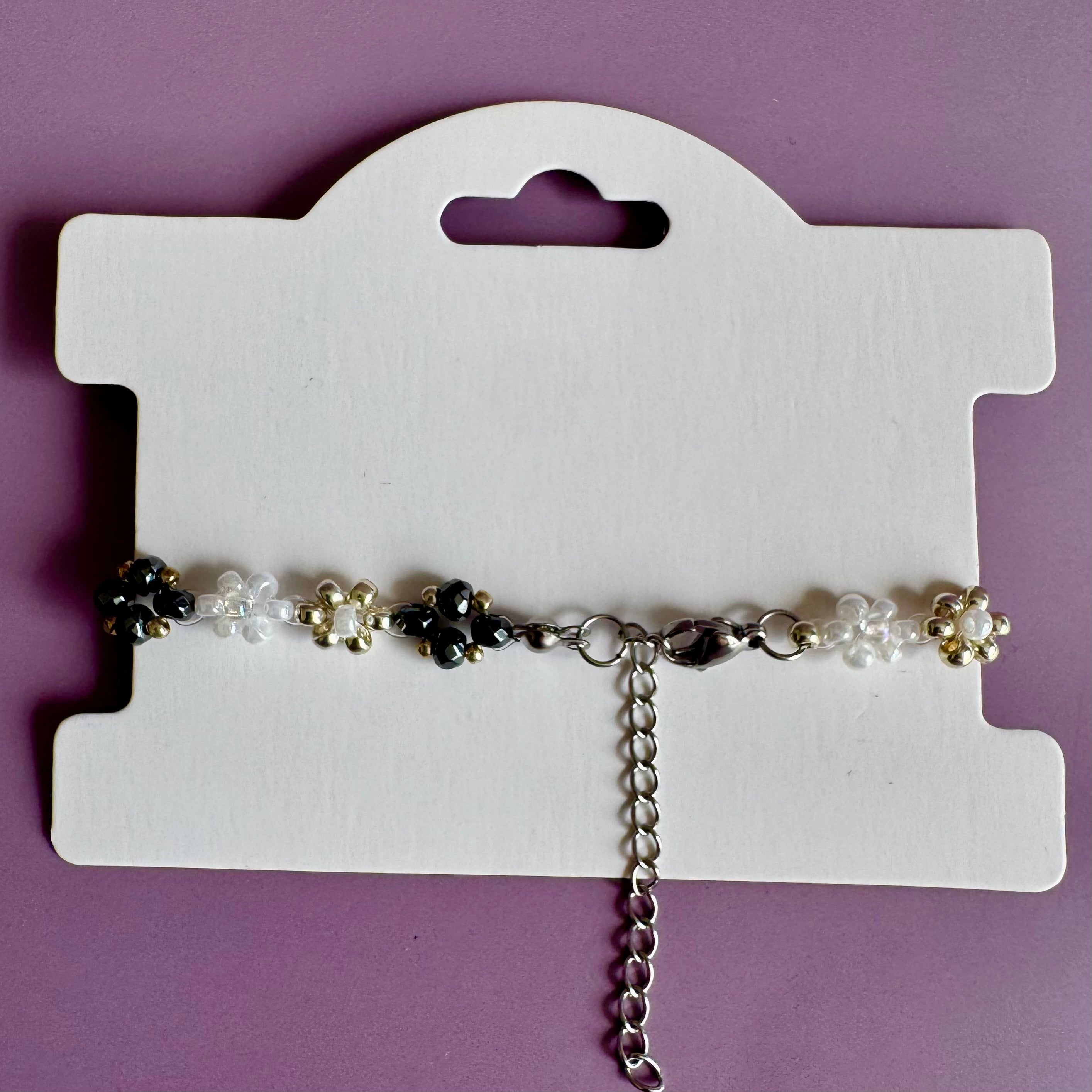 Black and White Flower Bracelet with Hematite | Sterling Silver