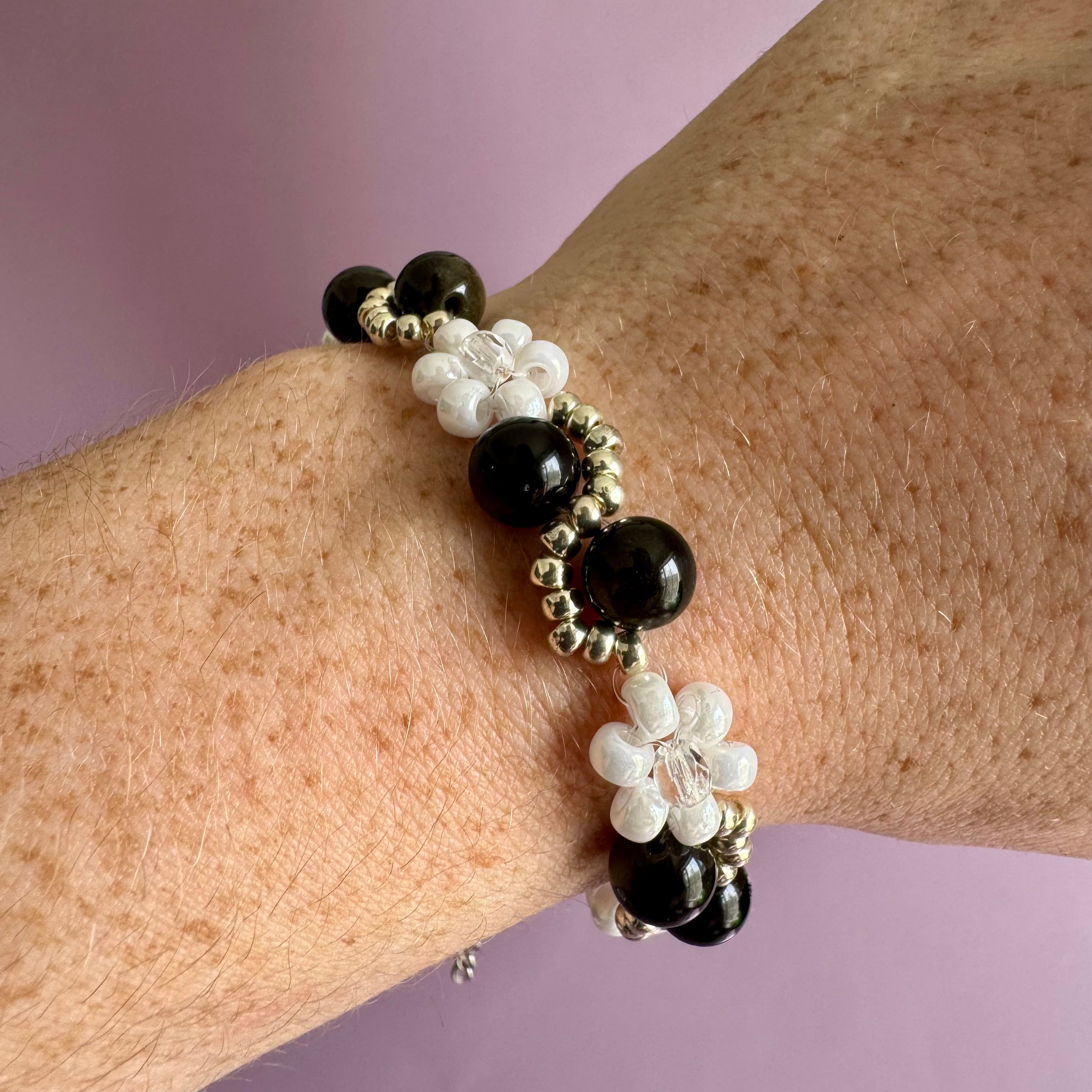 White Flower and Obsidian Bracelet | Sterling Silver