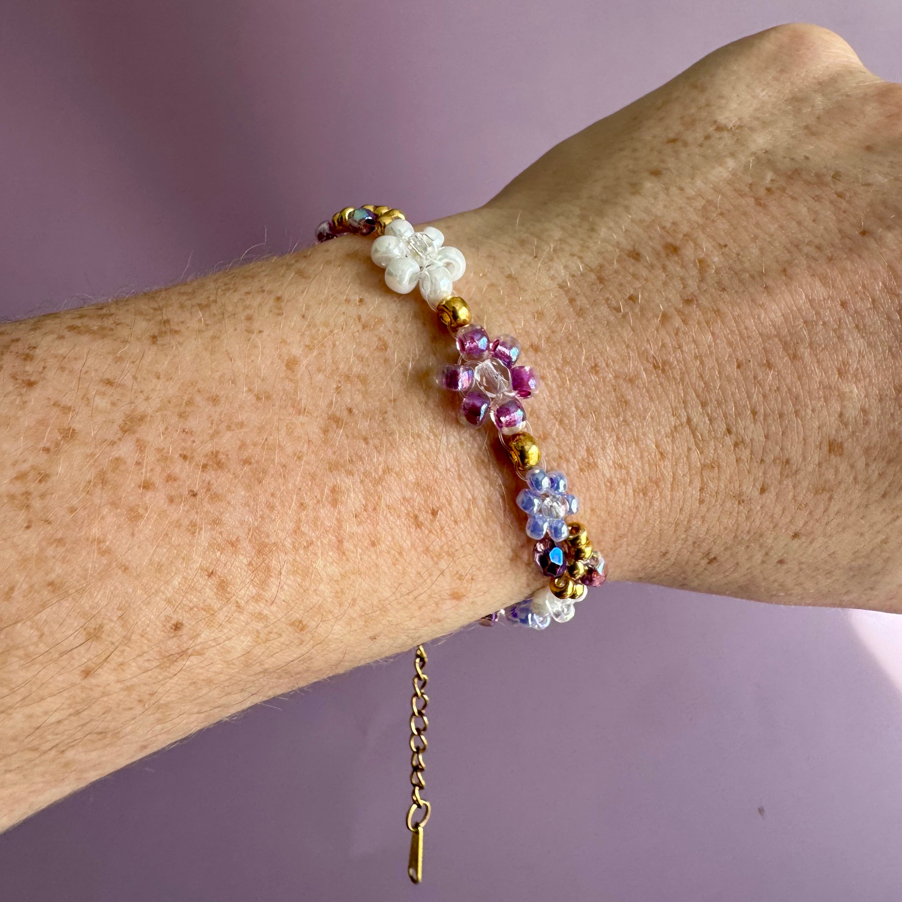 18k Gold Filled White, Lilac and Purple Flower Bracelet