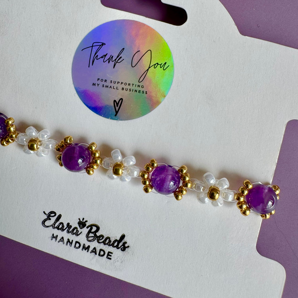 18k Gold Filled White Flower and Genuine Amethyst Bracelet