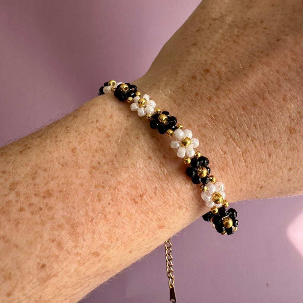 18k Gold Filled Black and White Flower Bracelet