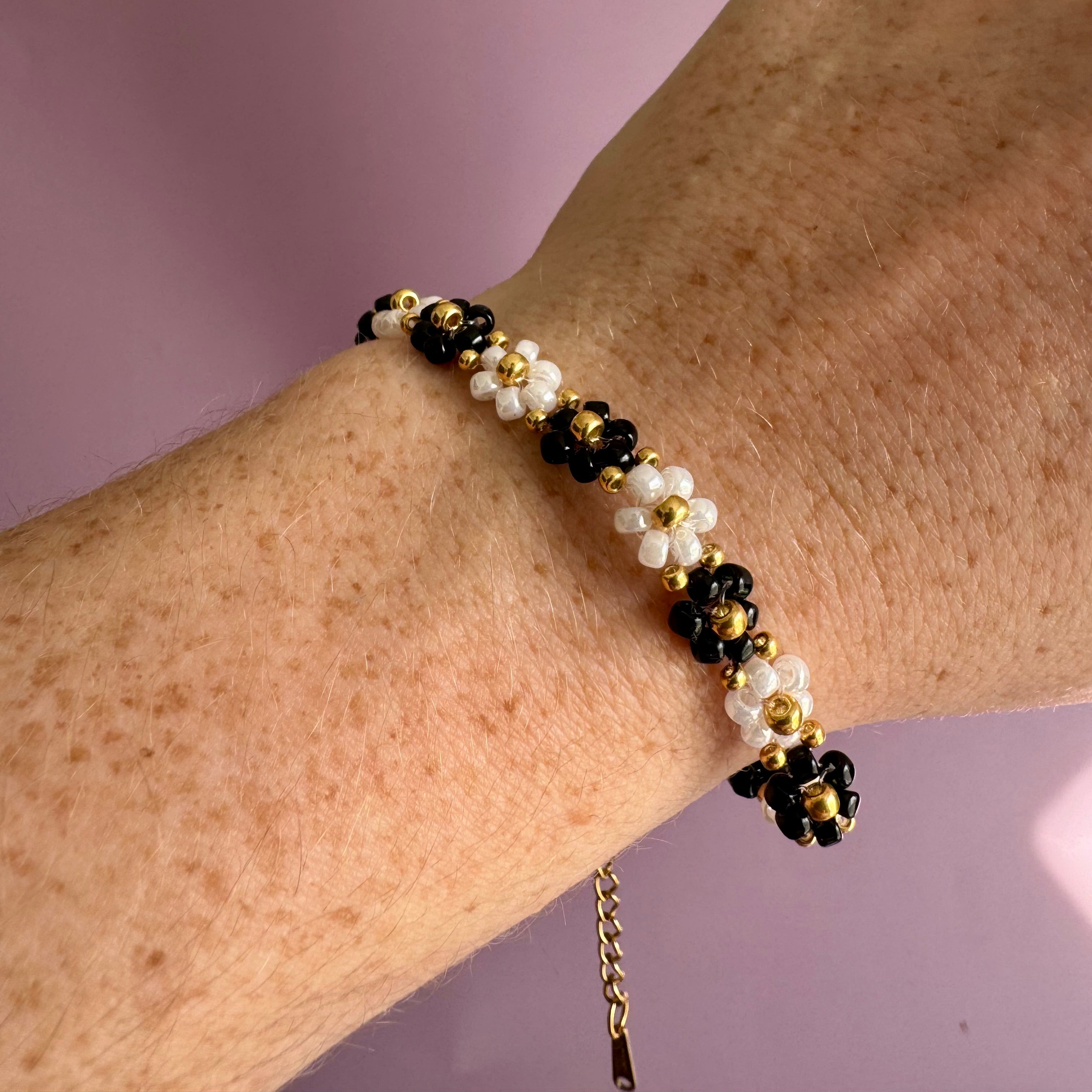 18k Gold Filled Black and White Flower Bracelet