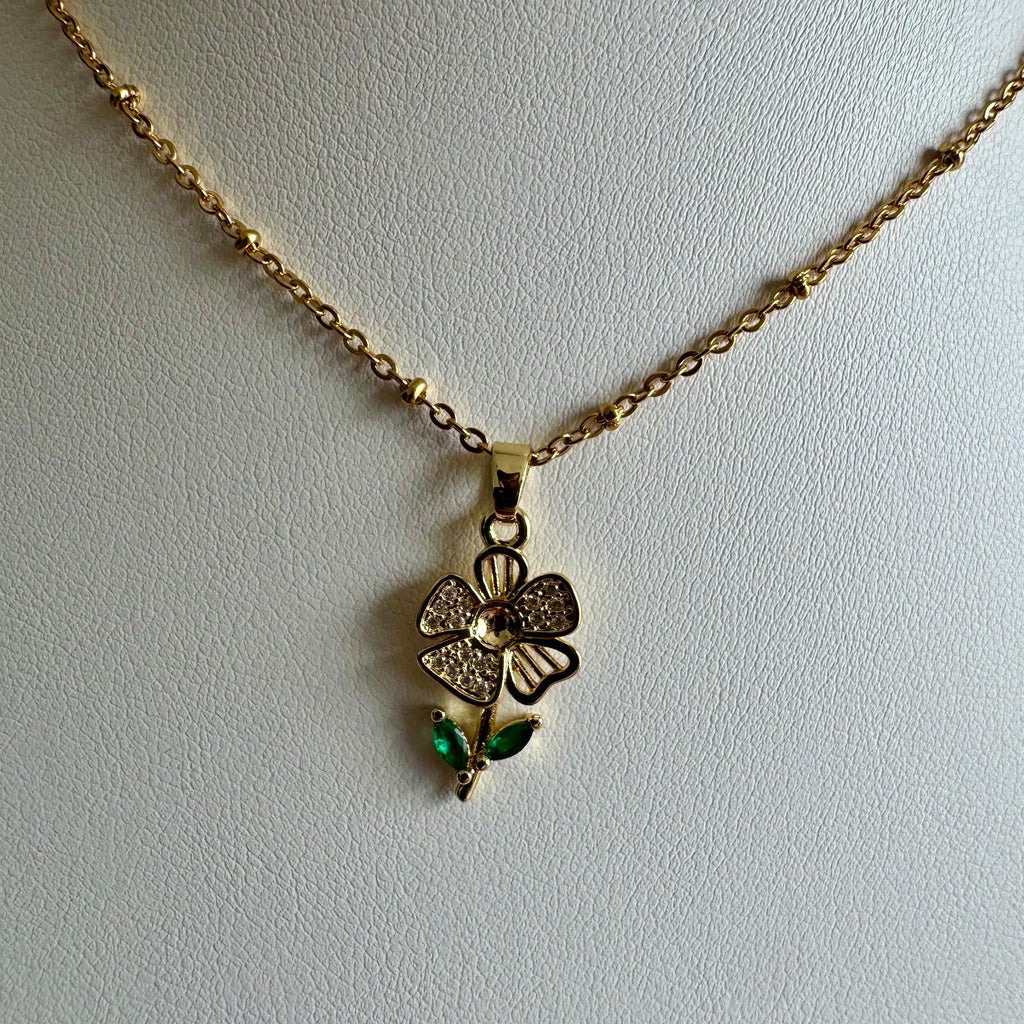 18k Gold Filled Flower Necklace | Crystal Floral Charm Pendant | Satellite Chain Necklace