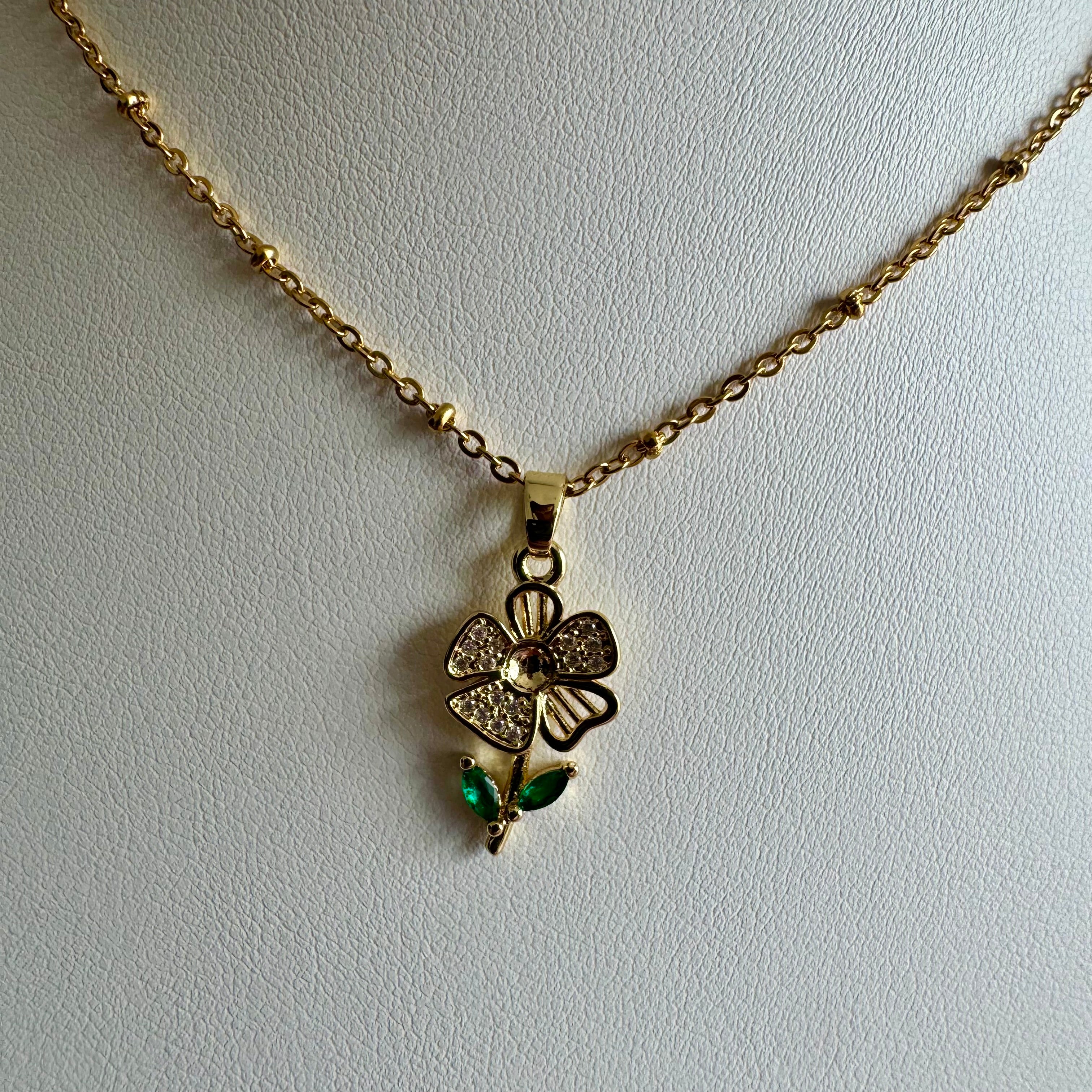 18k Gold Filled Flower Necklace | Crystal Floral Charm Pendant | Satellite Chain Necklace
