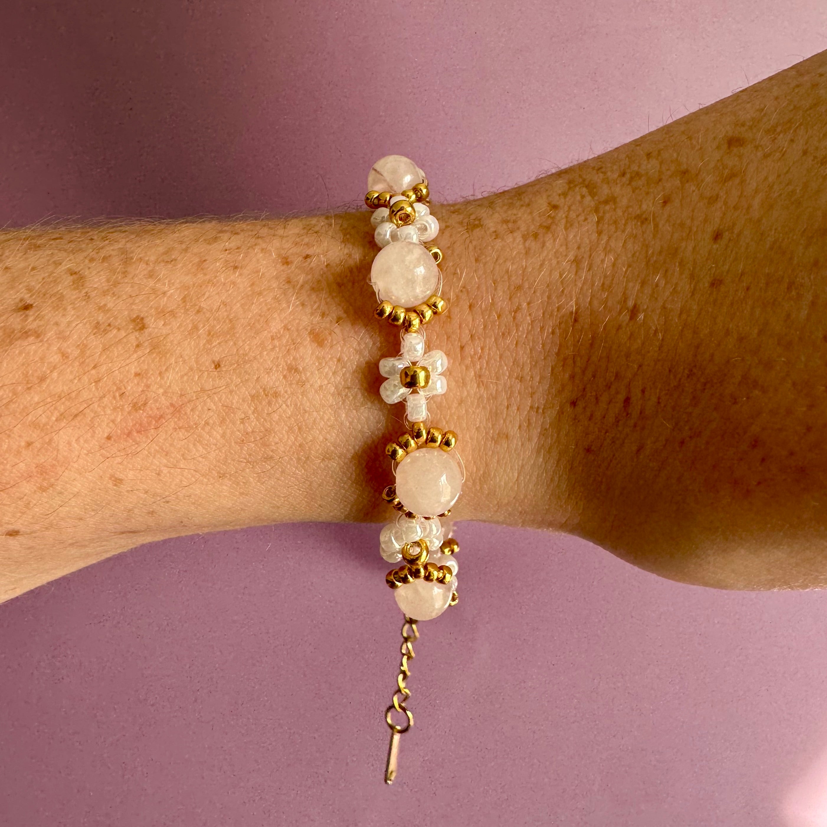 18k Gold Filled White Flower and Genuine Pink Moonstone Bracelet