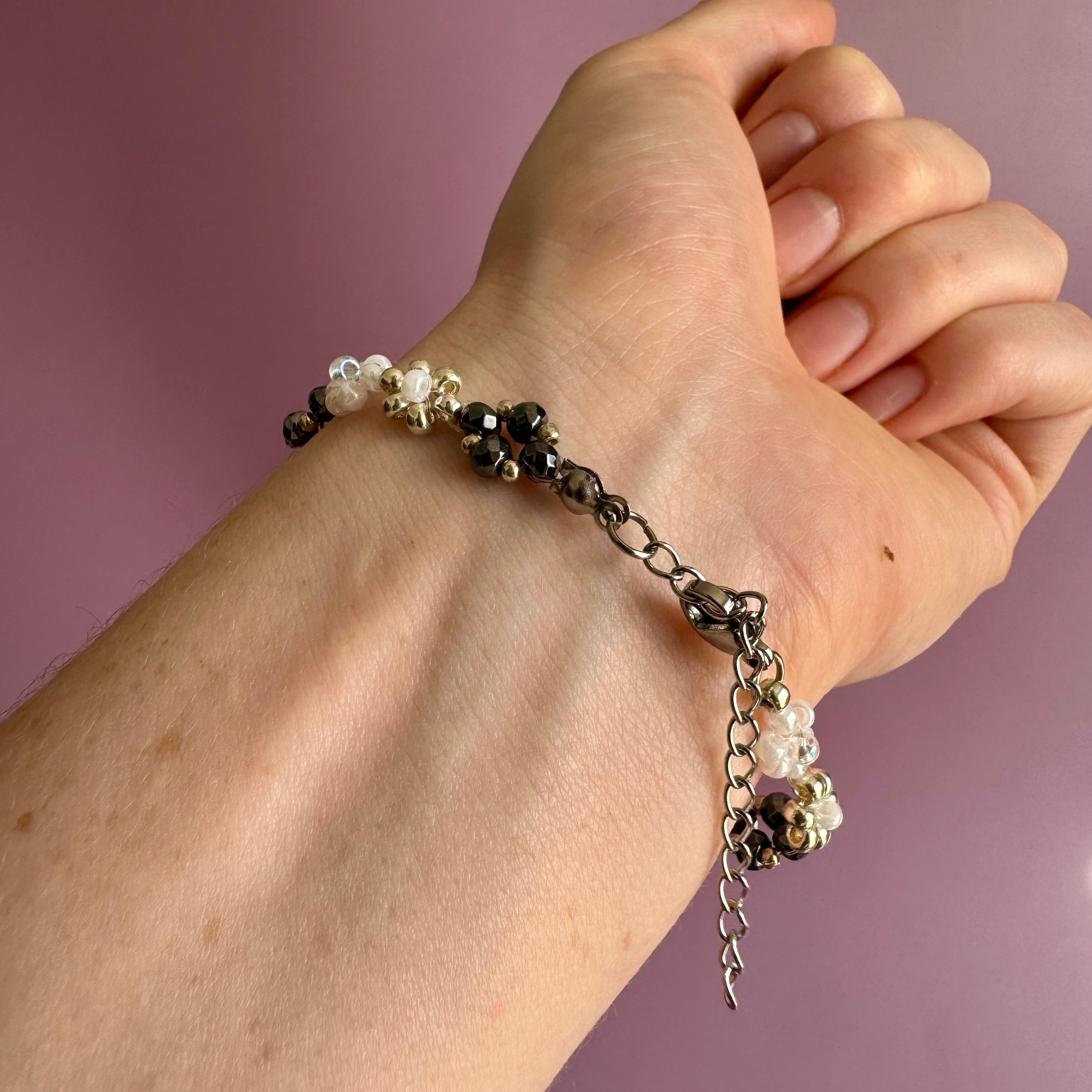 Black and White Flower Bracelet with Hematite | Sterling Silver