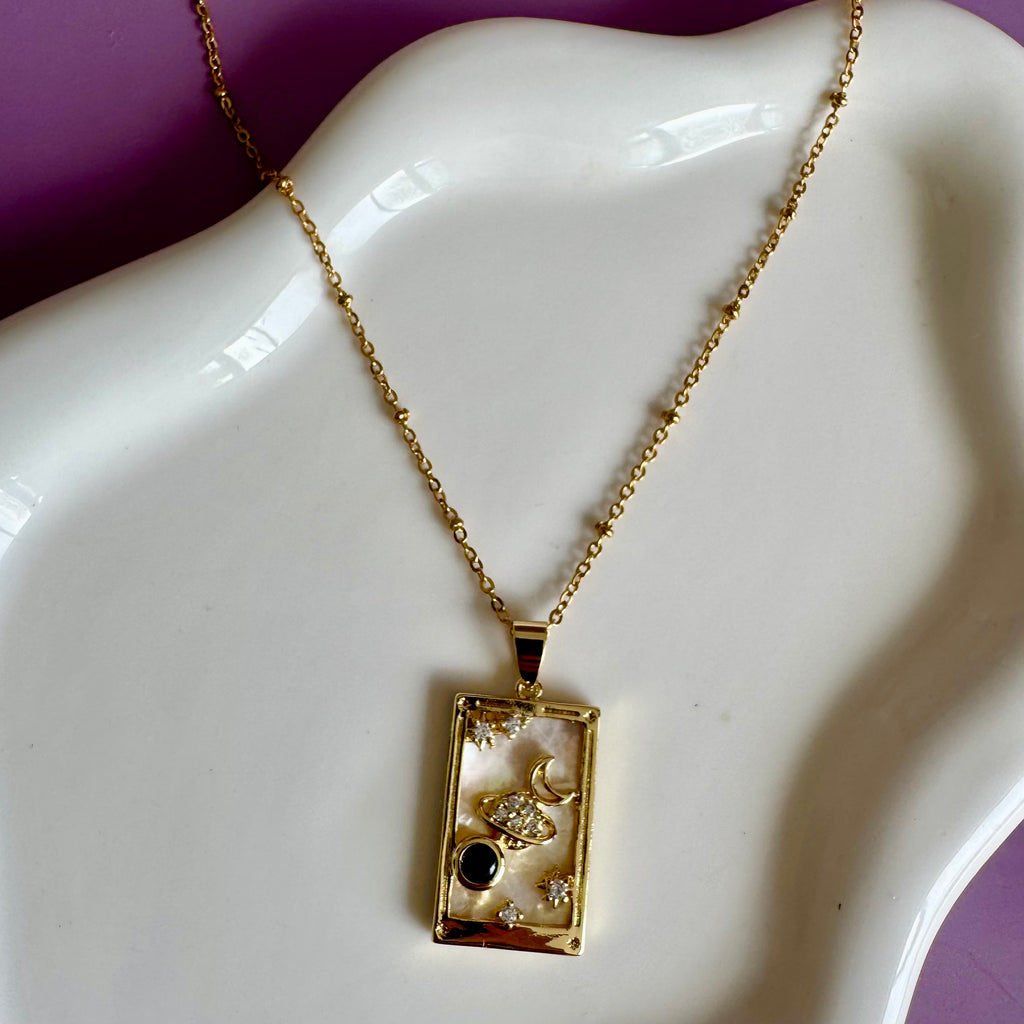 18k Gold Filled Mother of Pearl Tarot Card Necklace | Celestial Planet & Moon Pendant | Satellite Chain Necklace