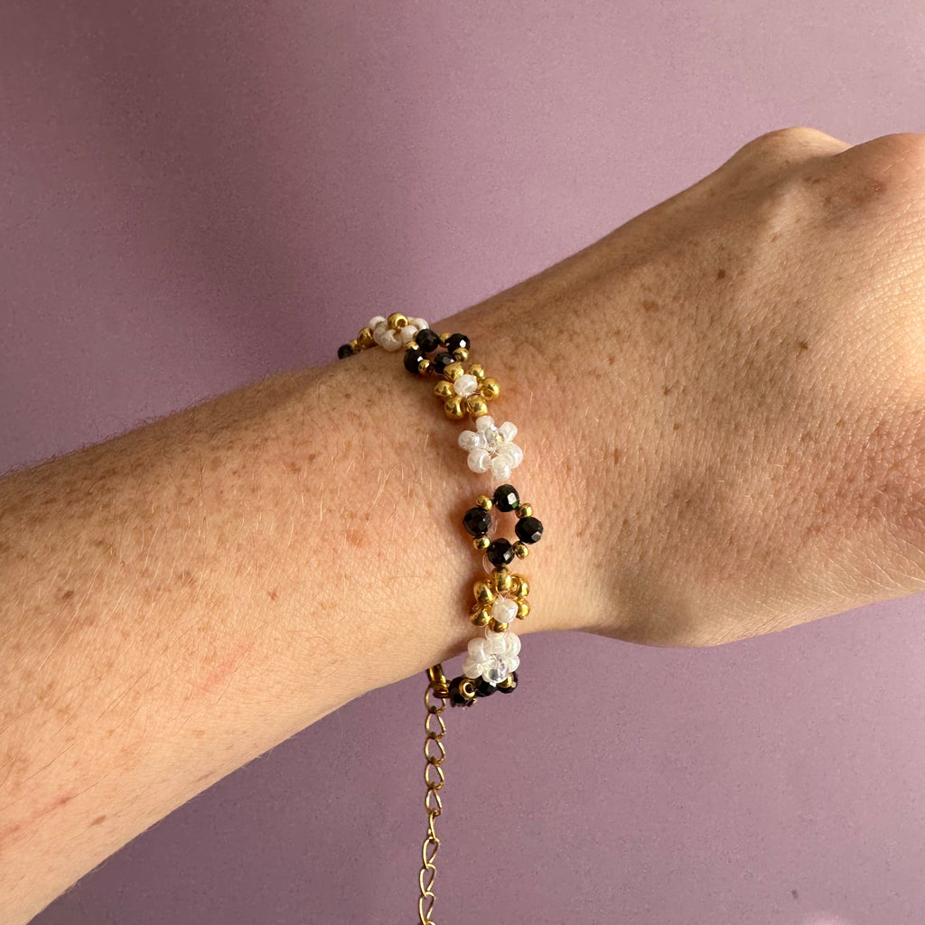 18k Gold Filled White Flower and Hematite Bracelet