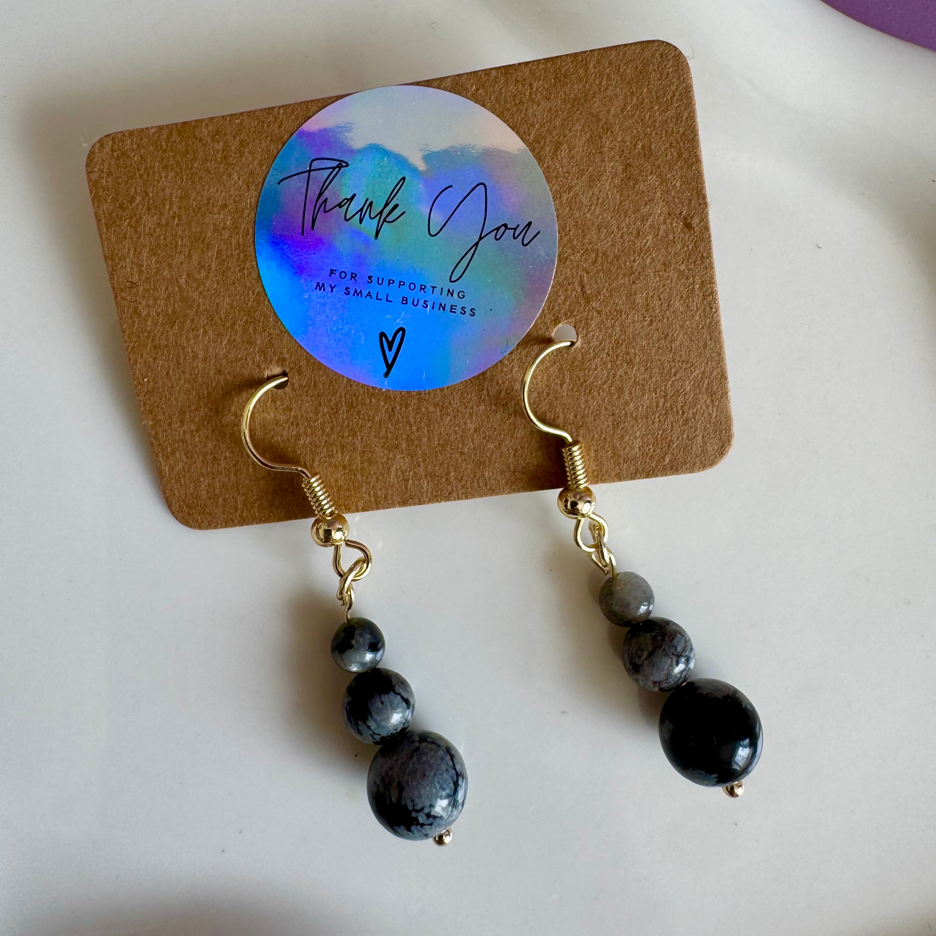 18k Gold Filled Snowflake Obsidian Drop Earrings