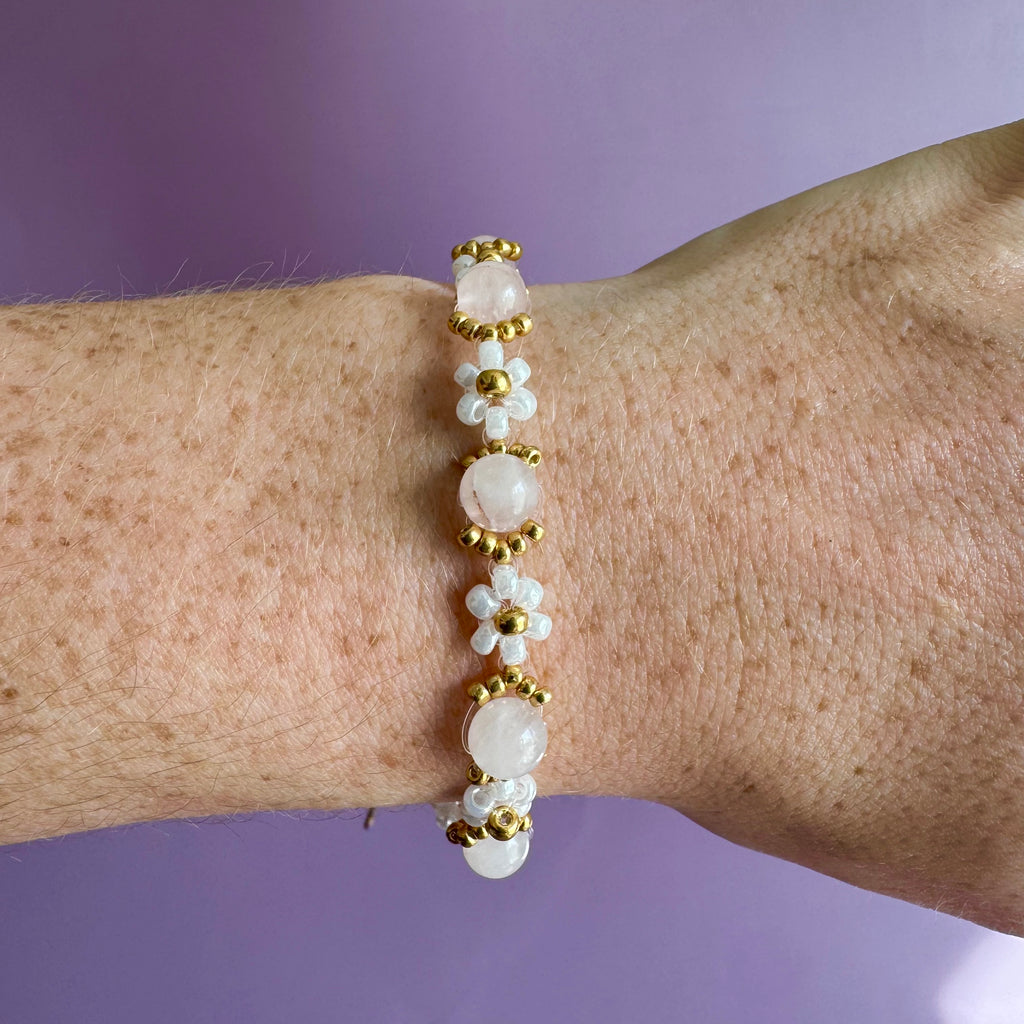 18k Gold Filled White Flower and Genuine Pink Moonstone Bracelet