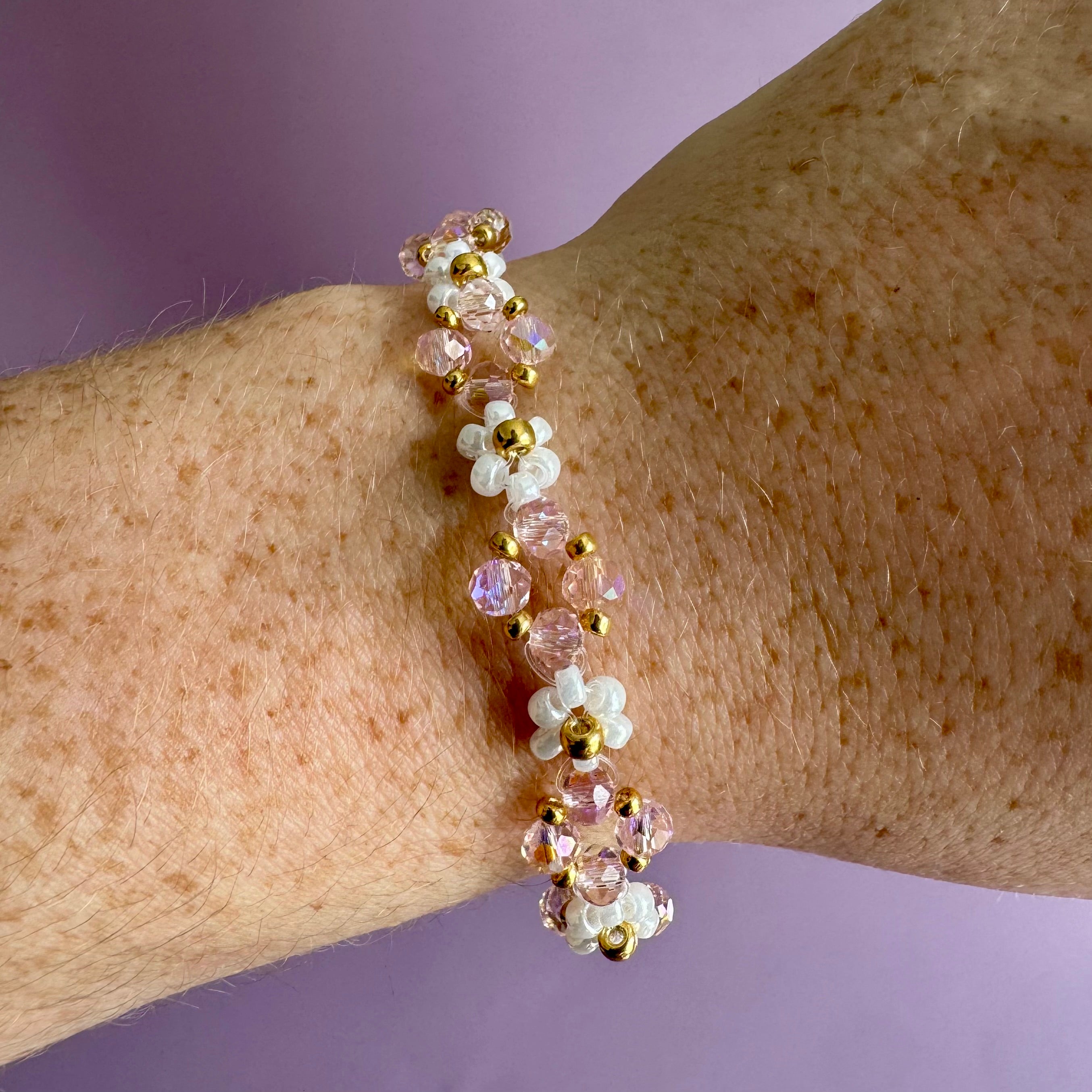 18k Gold Filled White Flower Bracelet with Rose Rondelles