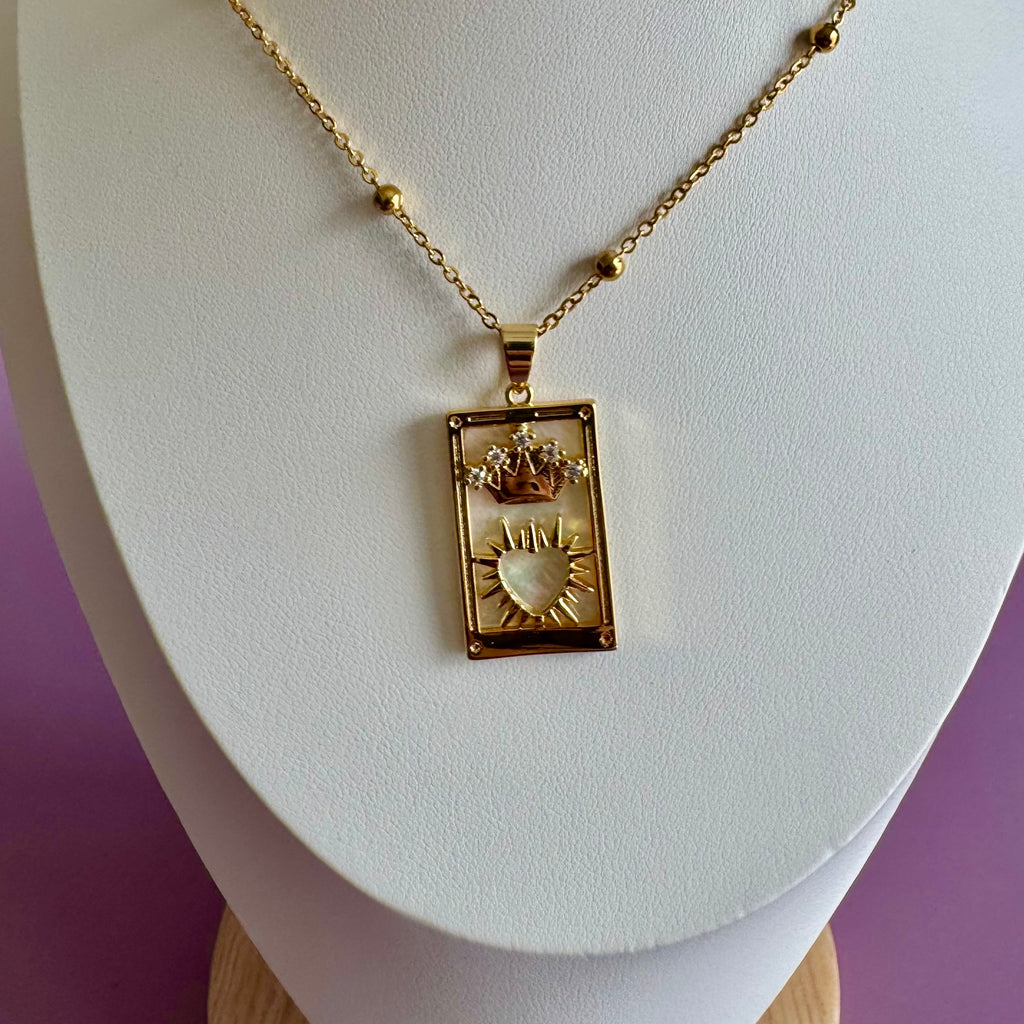 18k Gold Filled Mother of Pearl Tarot Card Necklace | Sacred Heart Crown Pendant | Satellite Chain Necklace