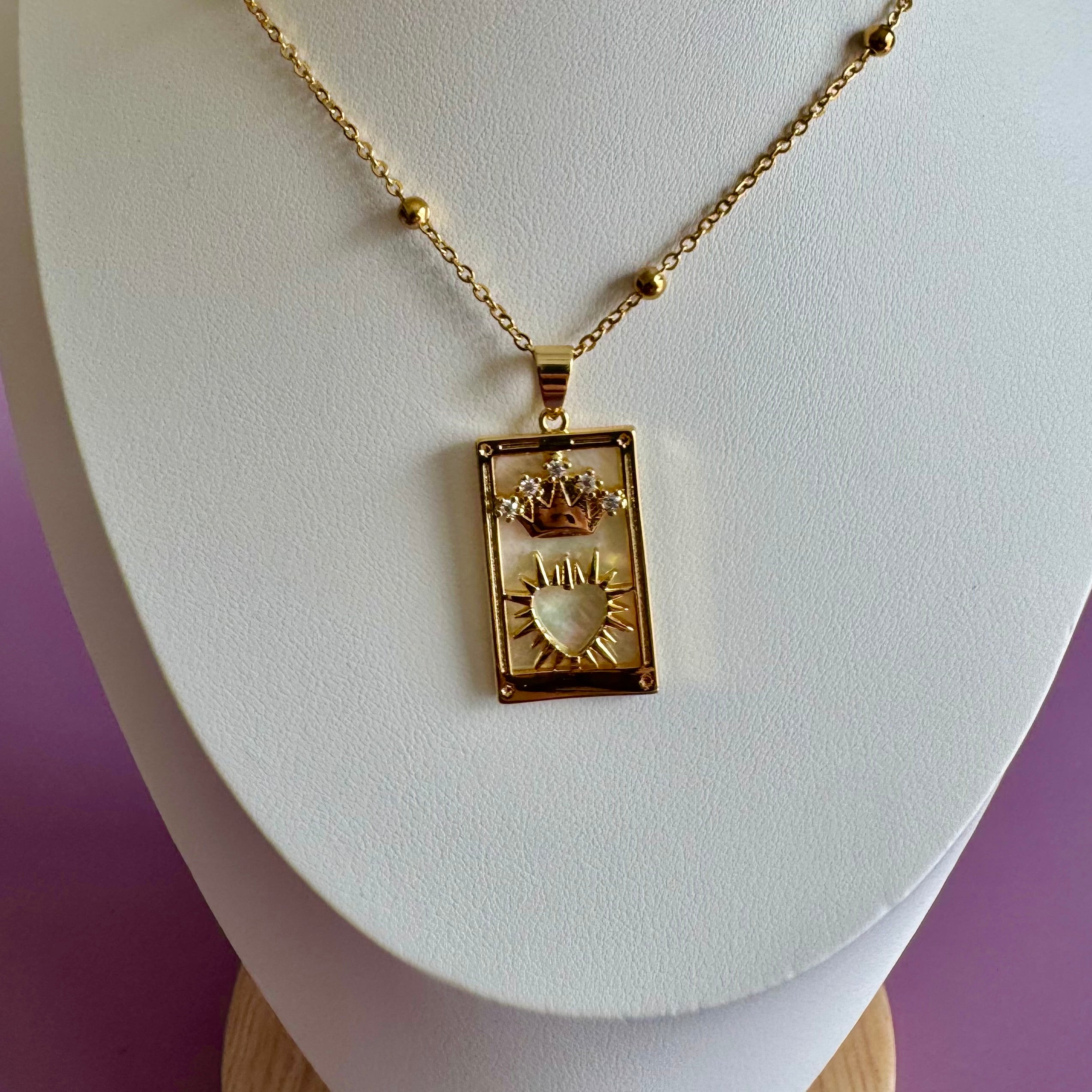 18k Gold Filled Mother of Pearl Tarot Card Necklace | Sacred Heart Crown Pendant | Satellite Chain Necklace