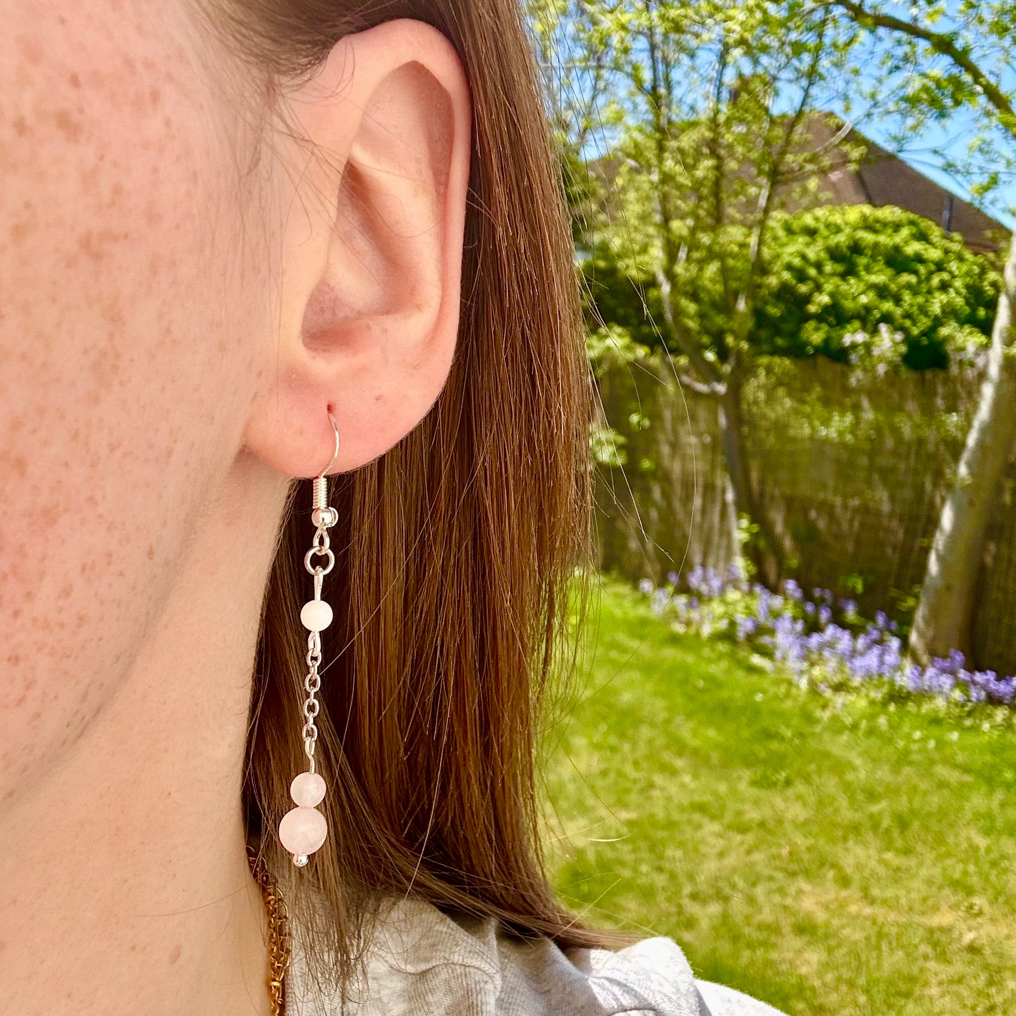 Rose Quartz and Pearl Stainless Steel Drop Earrings