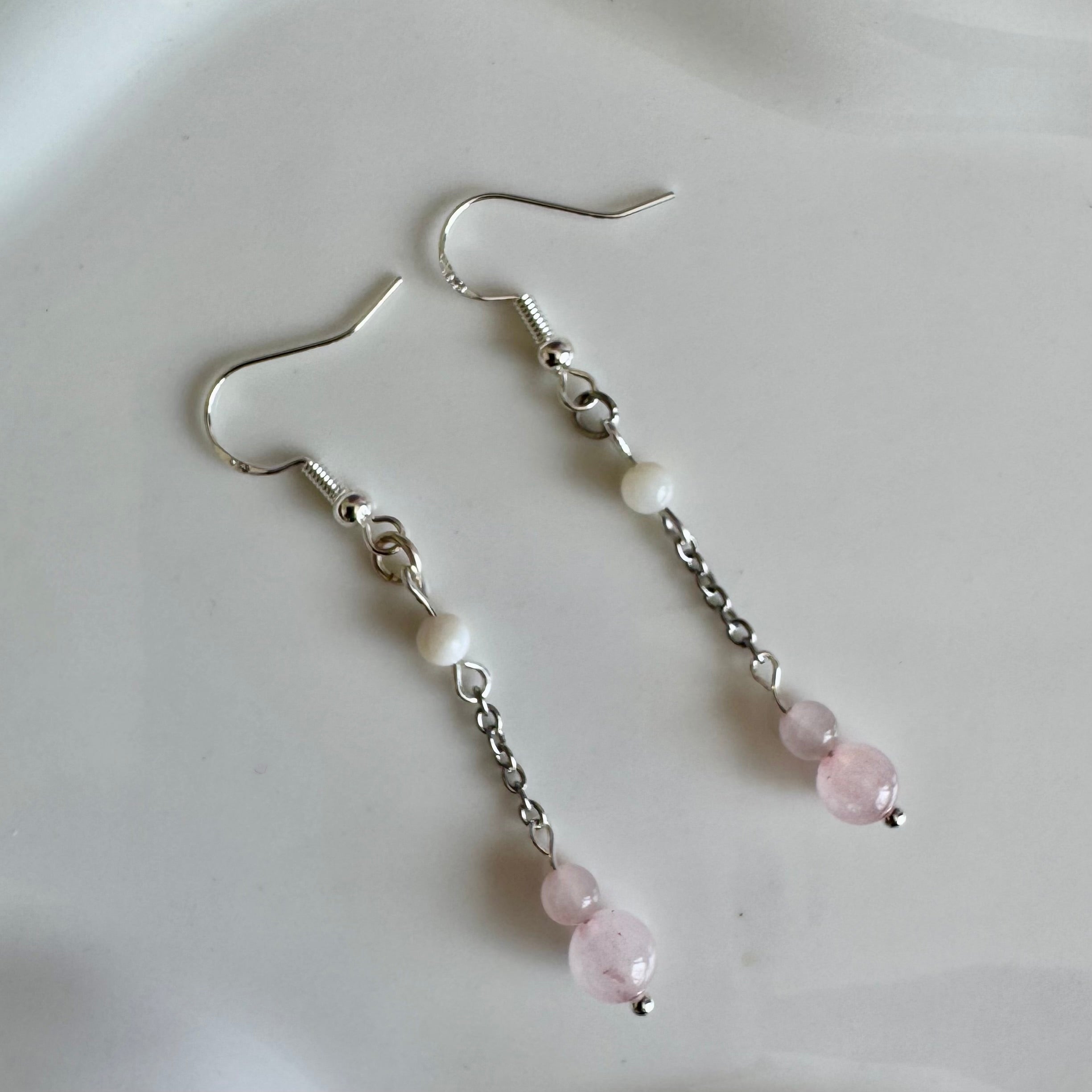 Rose Quartz and Pearl Stainless Steel Drop Earrings