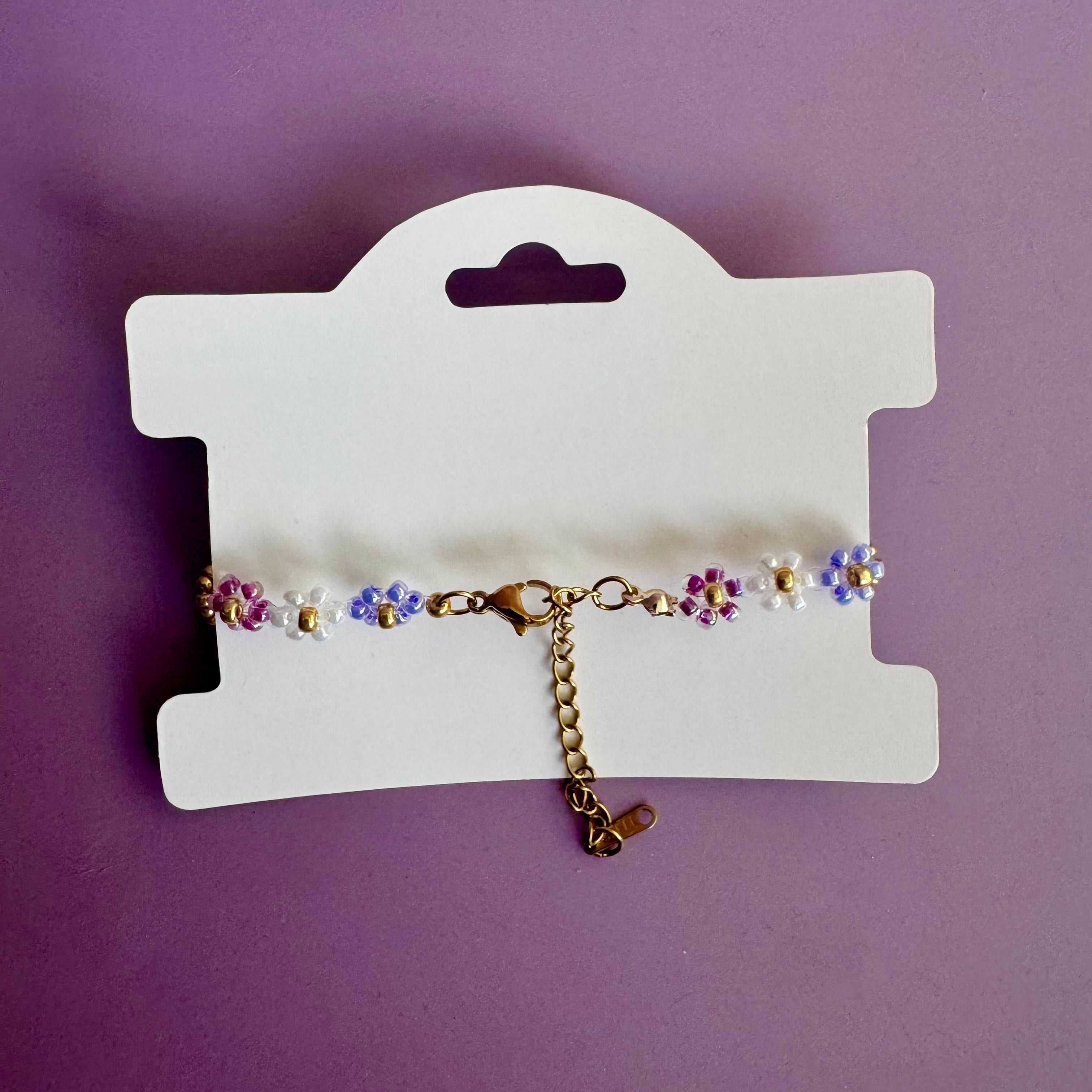 18k Gold Filled Flower Beaded Bracelet in Lilac, White and Purple