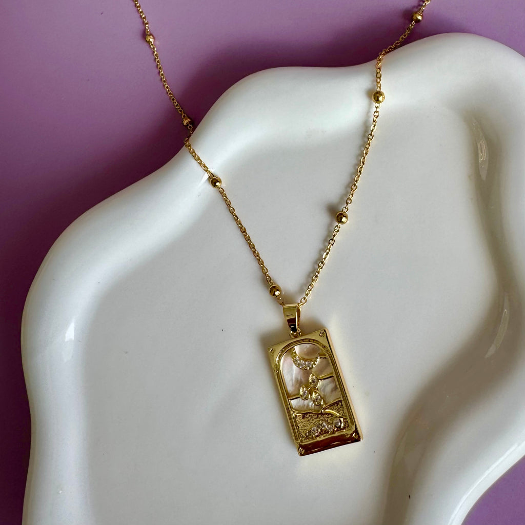 18k Gold Filled Mother of Pearl Tarot Card Necklace | Moon & Snake Pendant | Satellite Chain Necklace