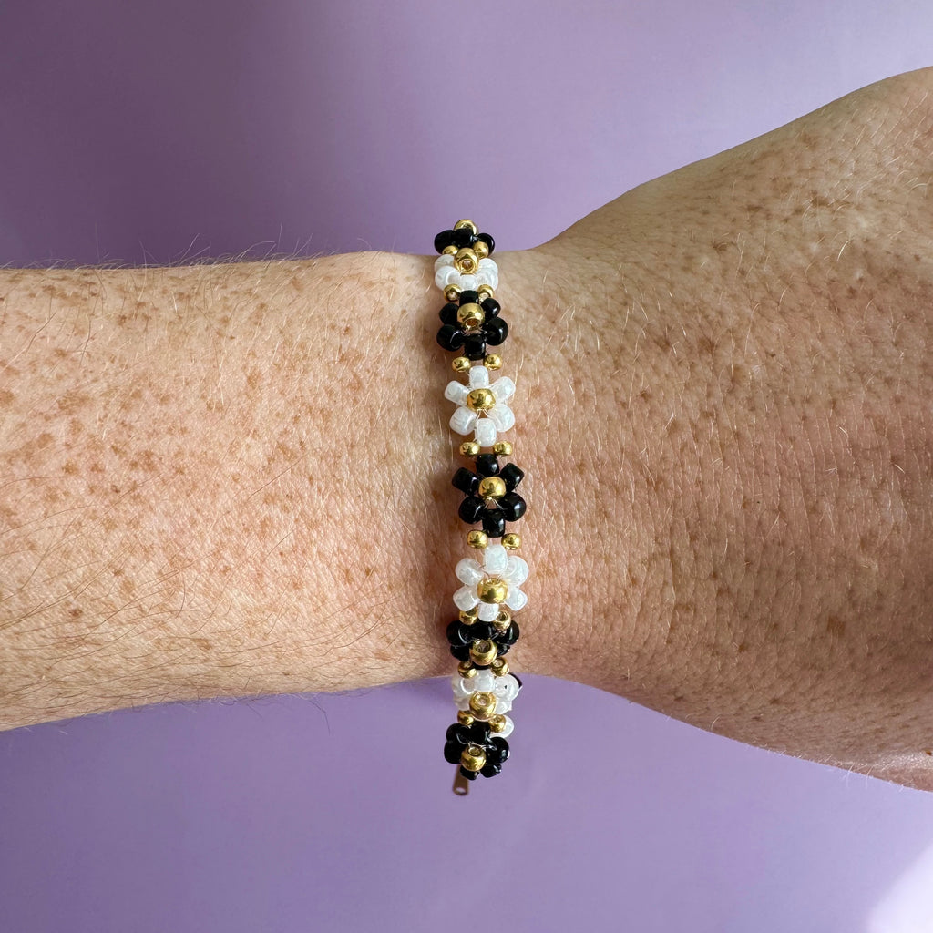 18k Gold Filled Black and White Flower Bracelet