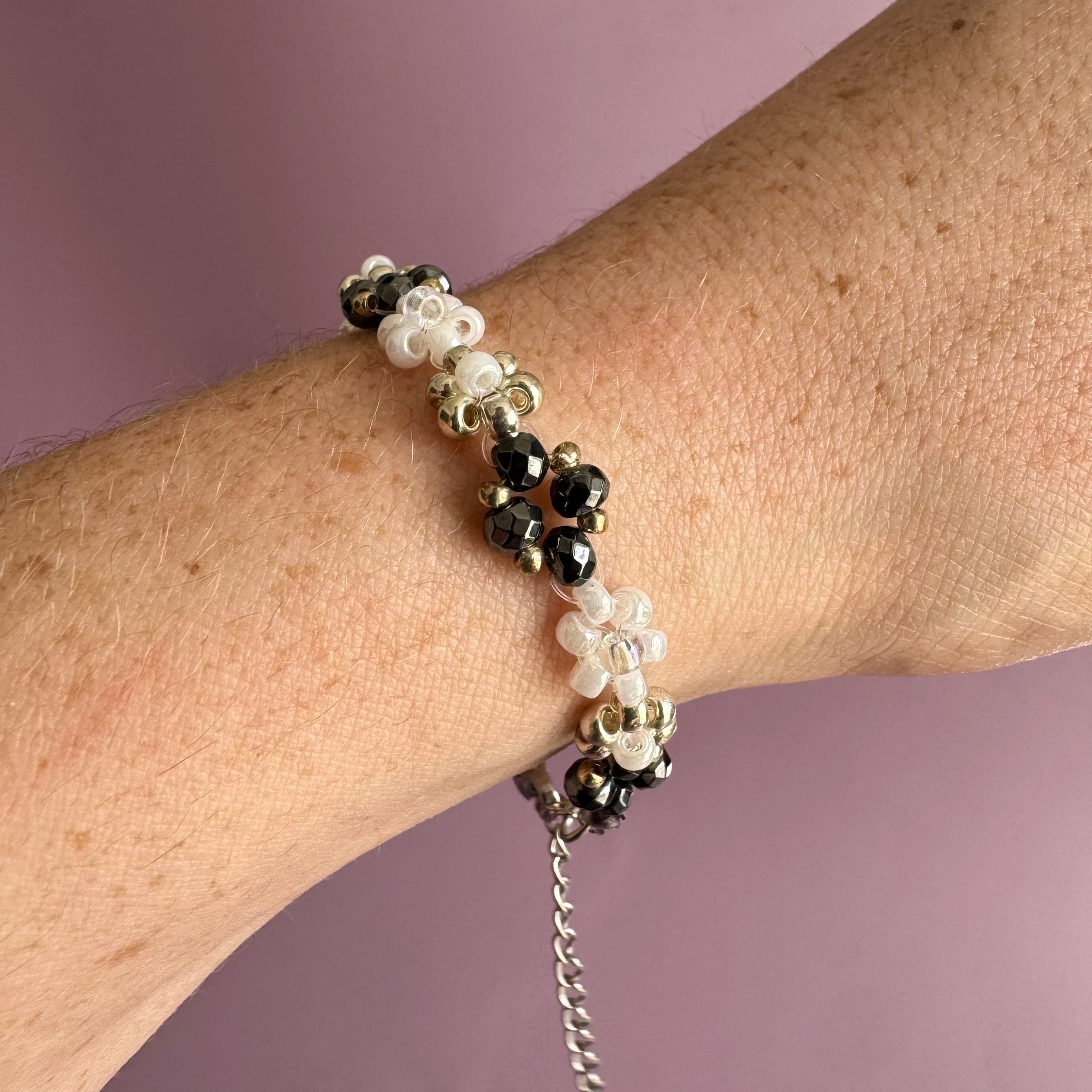 Black and White Flower Bracelet with Hematite | Sterling Silver
